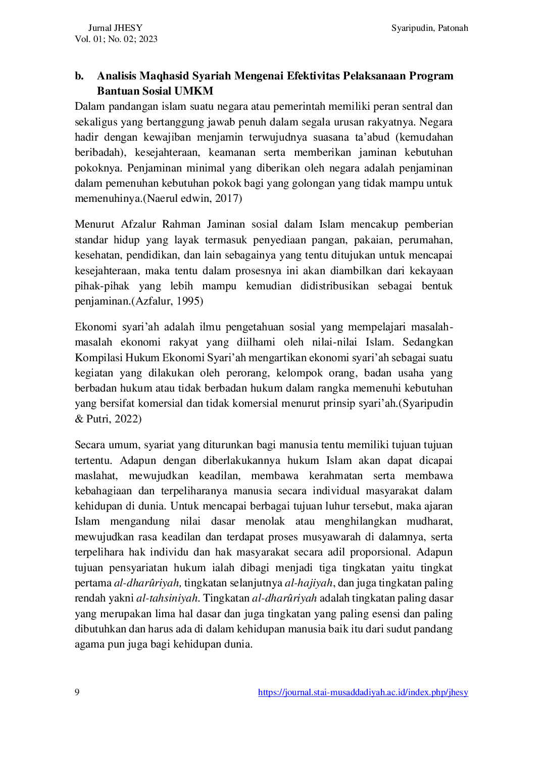 JURIS Analisis Maqashid Syariah Tentang Efektivitas Pelaksanaan Program Bantuan Sosial Usaha Mikro Kecil Dan Menengah Studi Kasus Desa Mekarmukti Kecamatan Cilawu Kabupaten Garut