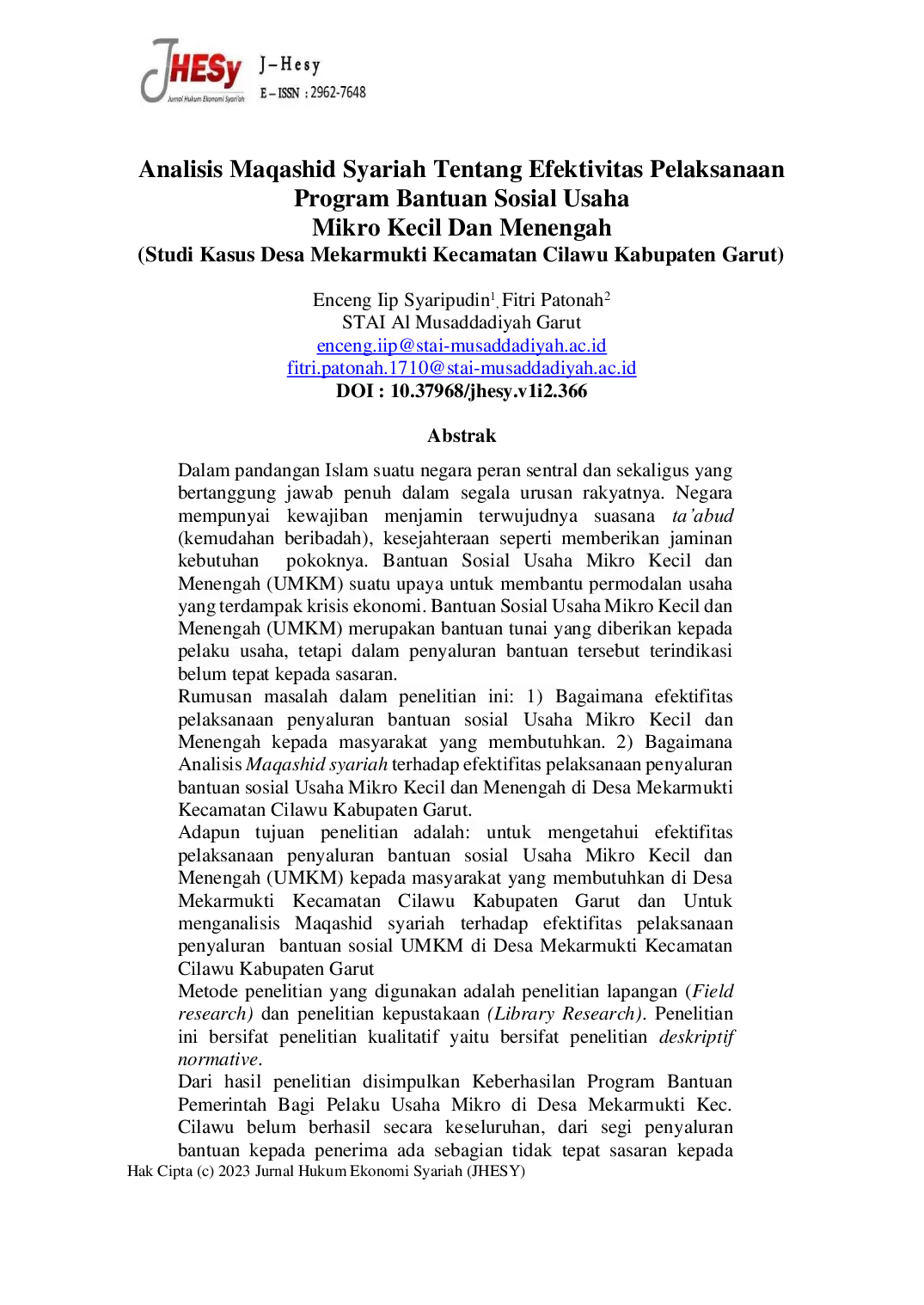 JURIS Analisis Maqashid Syariah Tentang Efektivitas Pelaksanaan Program Bantuan Sosial Usaha Mikro Kecil Dan Menengah Studi Kasus Desa Mekarmukti Kecamatan Cilawu Kabupaten Garut