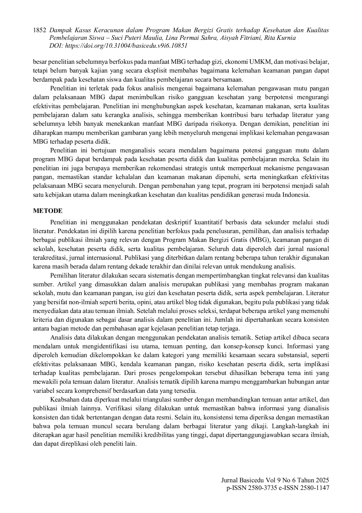 JURIS Dampak Kasus Keracunan dalam Program Makan Bergizi Gratis terhadap Kesehatan dan Kualitas Pembelajaran Siswa