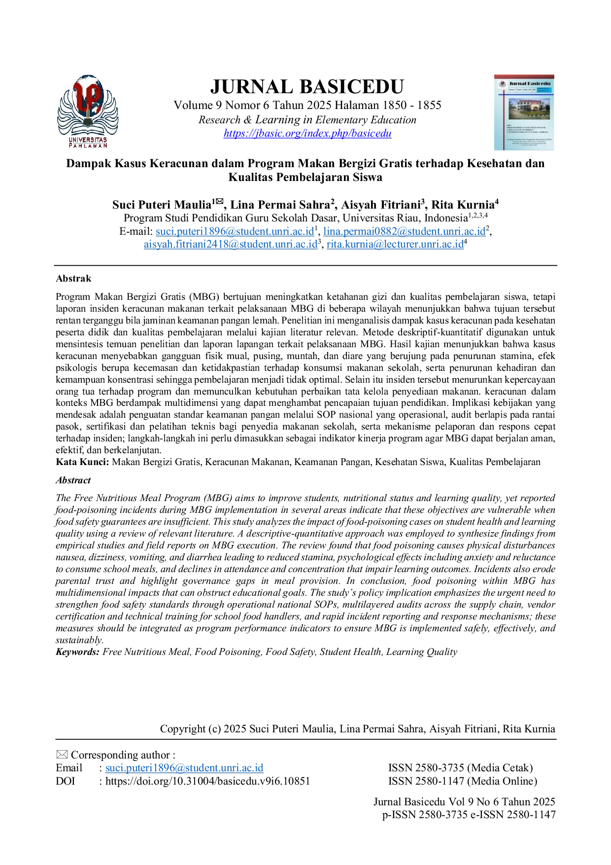 JURIS Dampak Kasus Keracunan dalam Program Makan Bergizi Gratis terhadap Kesehatan dan Kualitas Pembelajaran Siswa