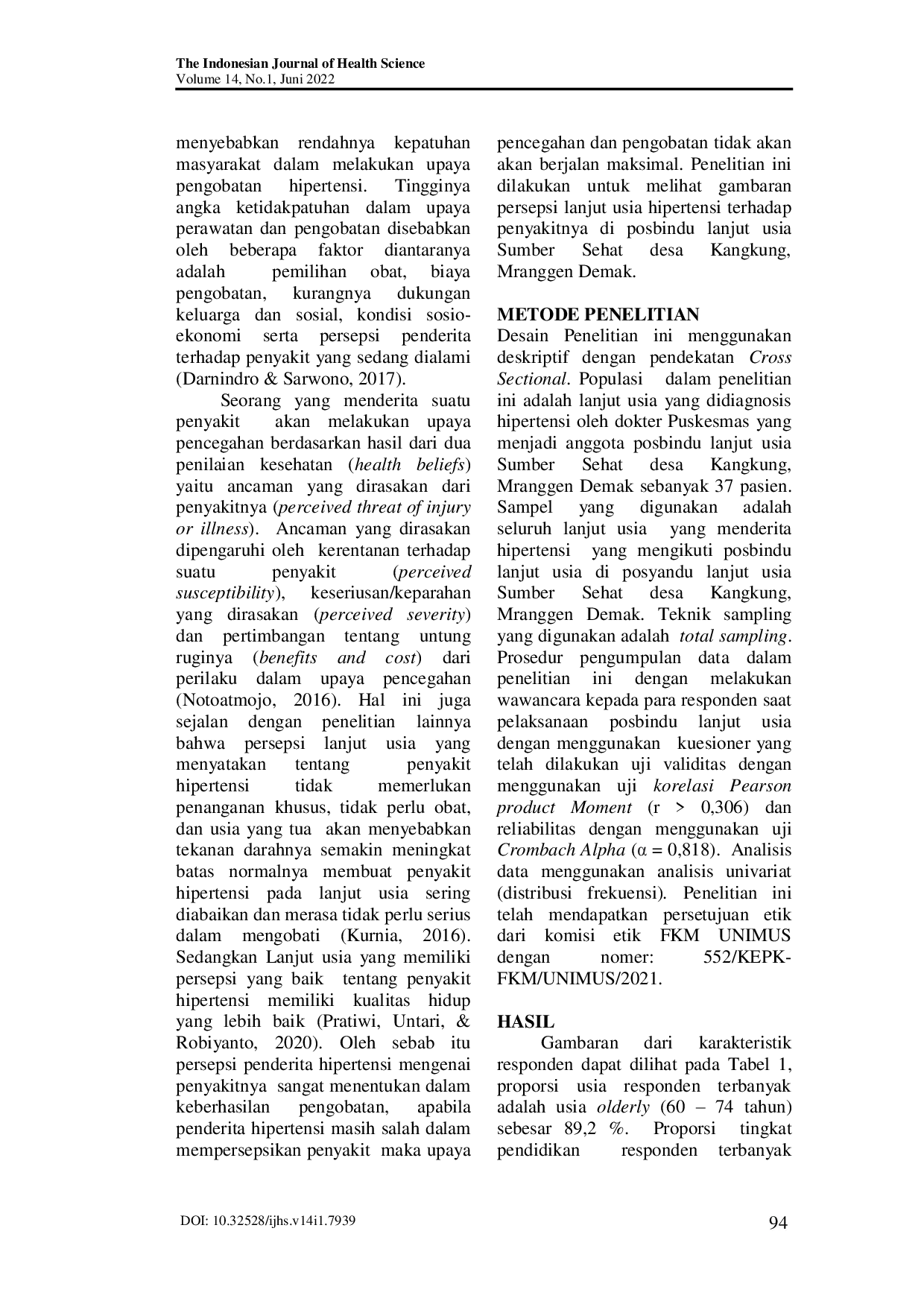 JURIS Persepsi Lanjut Usia Dalam Upaya Perawatan Penyakit Hipertensi