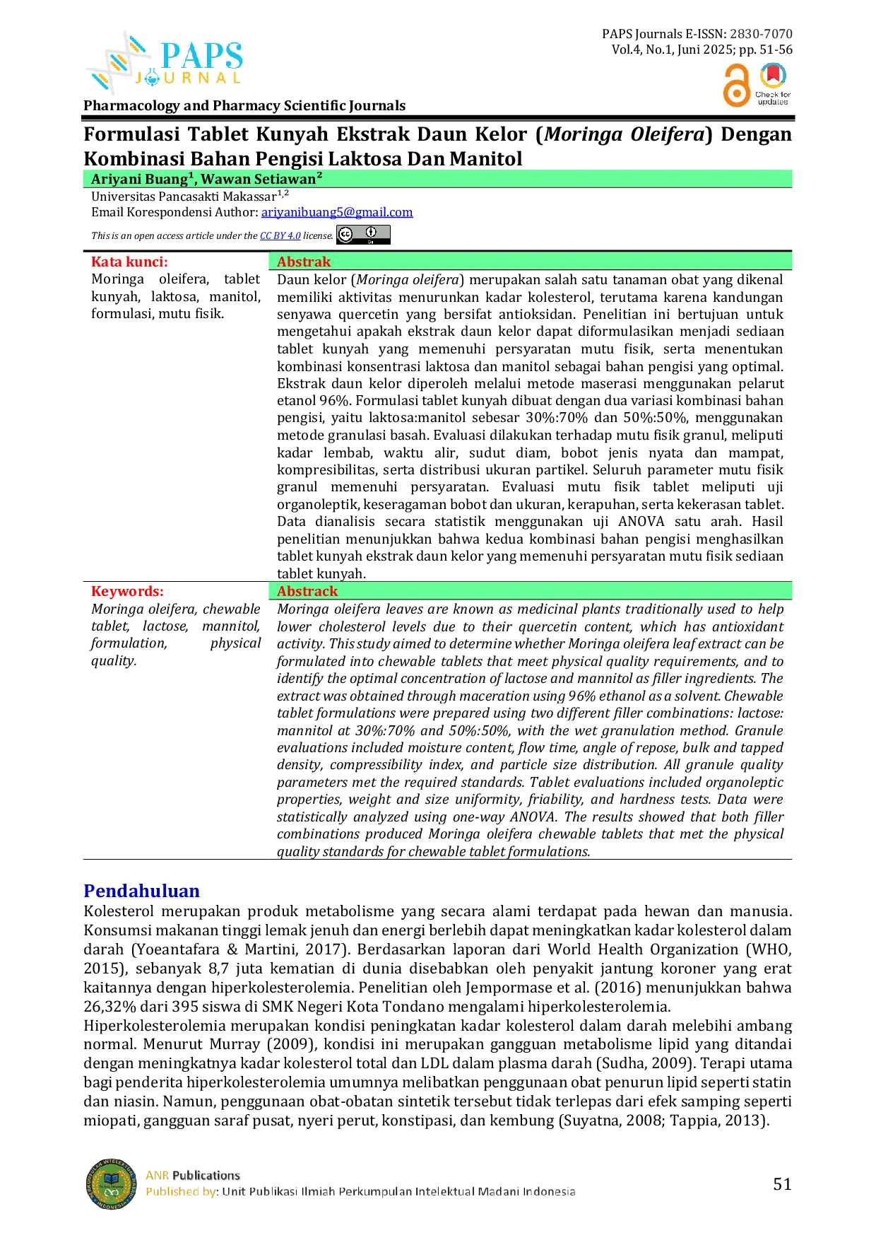 JURIS FORMULASI TABLET KUNYAH EKSTRAK DAUN KELOR Moringa Oleifera DENGAN KOMBINASI BAHAN PENGISI LAKTOSA DAN MANITOL