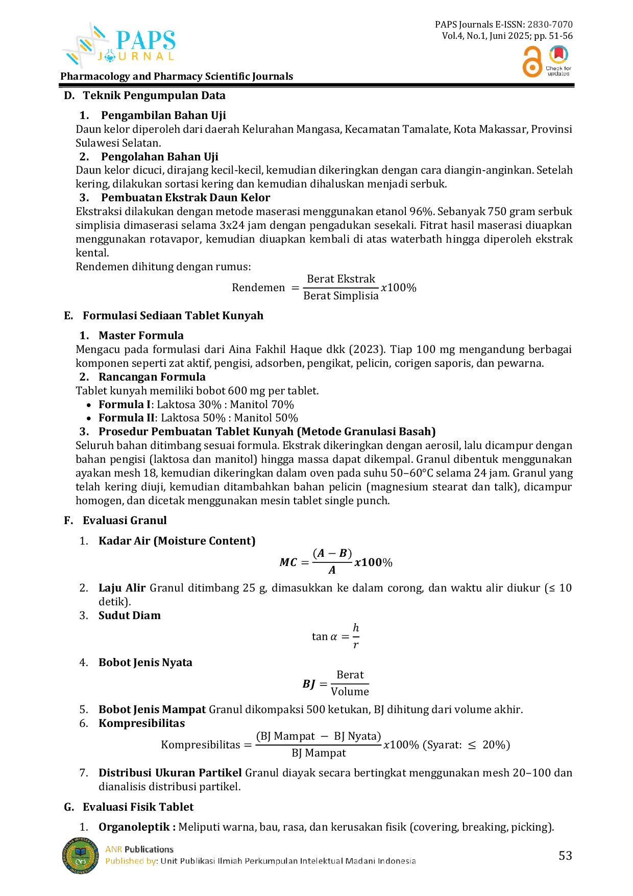 JURIS FORMULASI TABLET KUNYAH EKSTRAK DAUN KELOR Moringa Oleifera DENGAN KOMBINASI BAHAN PENGISI LAKTOSA DAN MANITOL