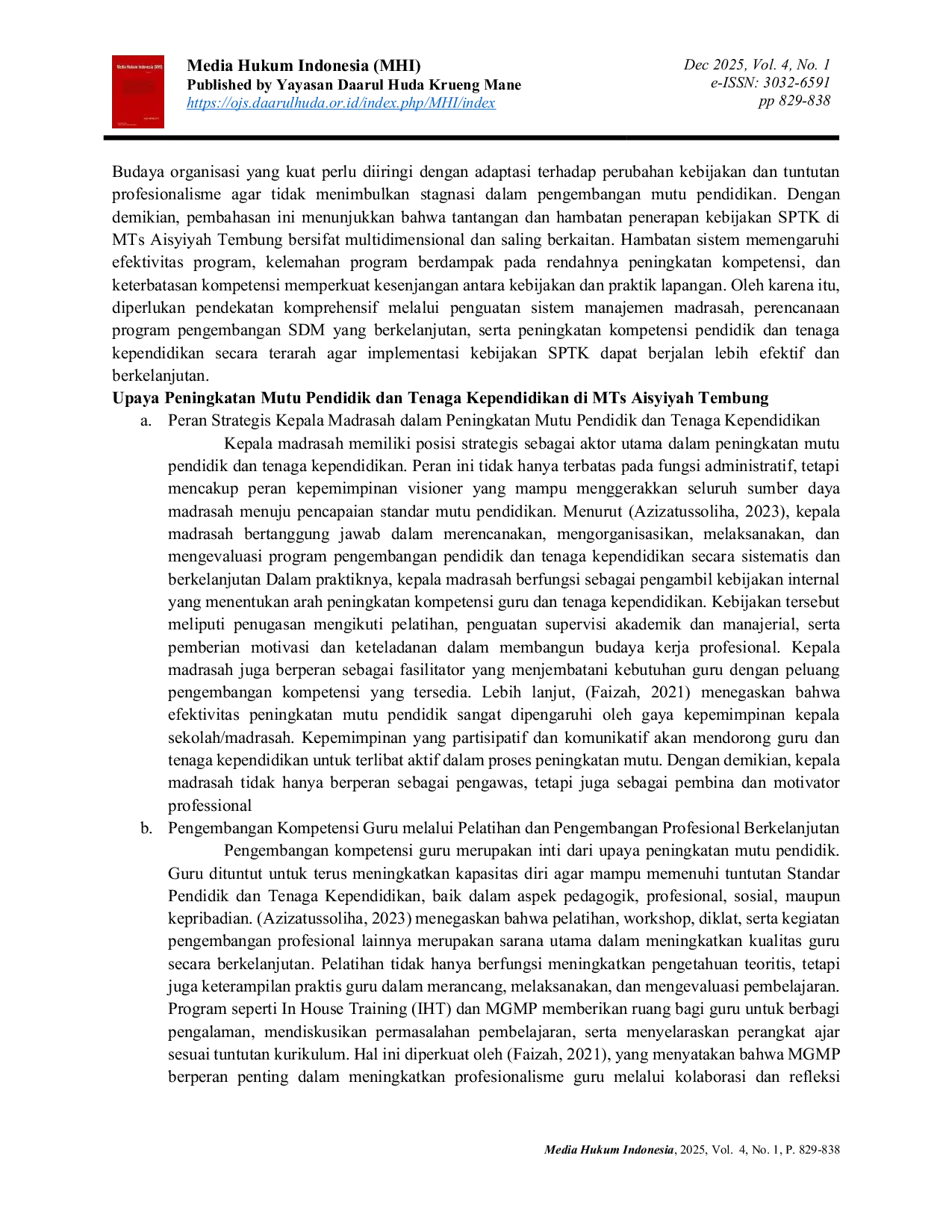 JURIS Tantangan Penerapan Kebijakan Standart Pendidikan dan Tenaga Kependidikan di MTS Aisyiyah Tembung