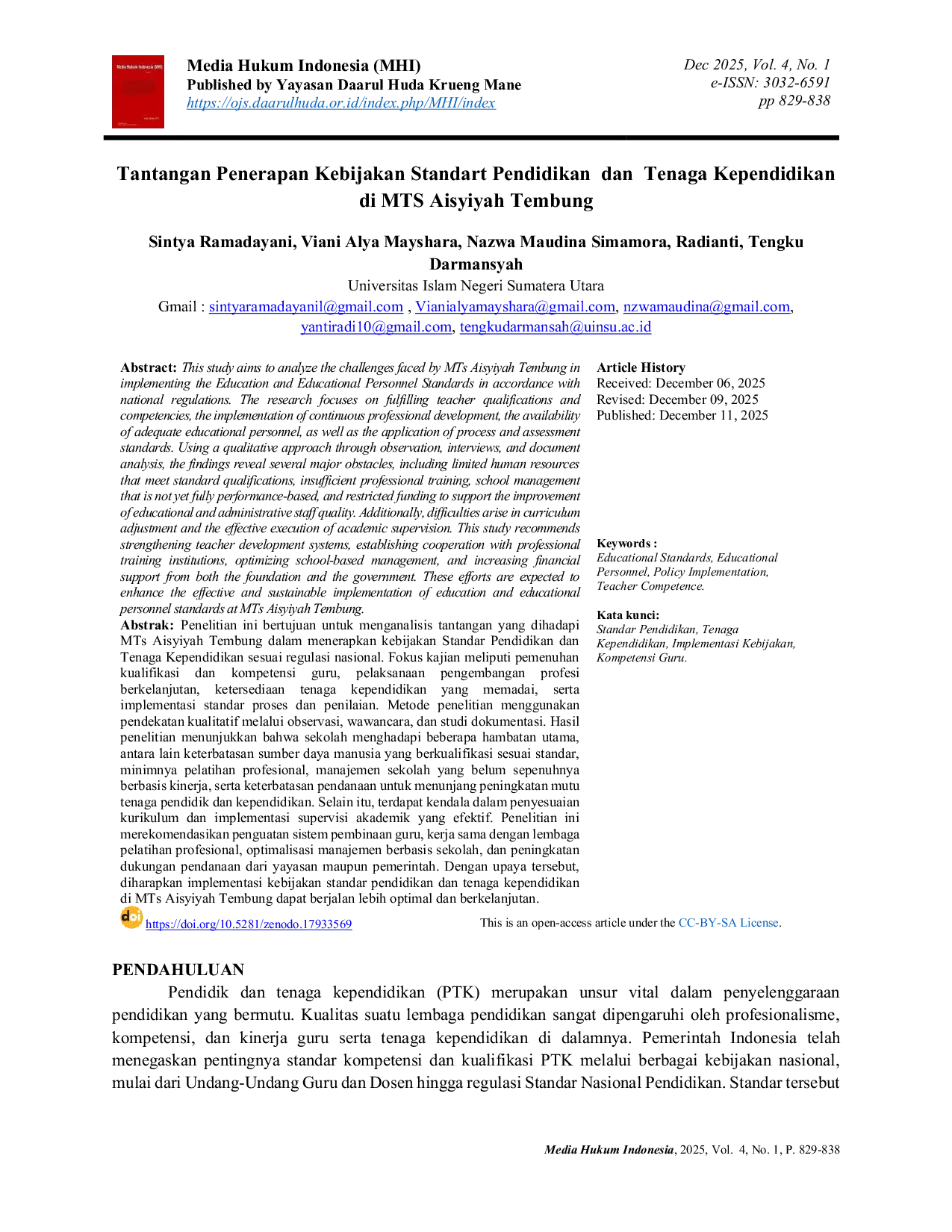 JURIS Tantangan Penerapan Kebijakan Standart Pendidikan dan Tenaga Kependidikan di MTS Aisyiyah Tembung