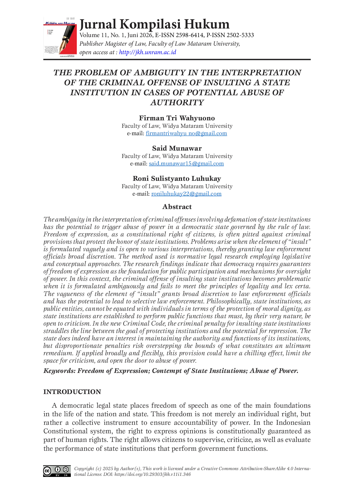 JURIS The Problem of Ambiguity in the Interpretation of the Criminal Offense of Insulting a State Institution in Cases of Potential Abuse of Authority