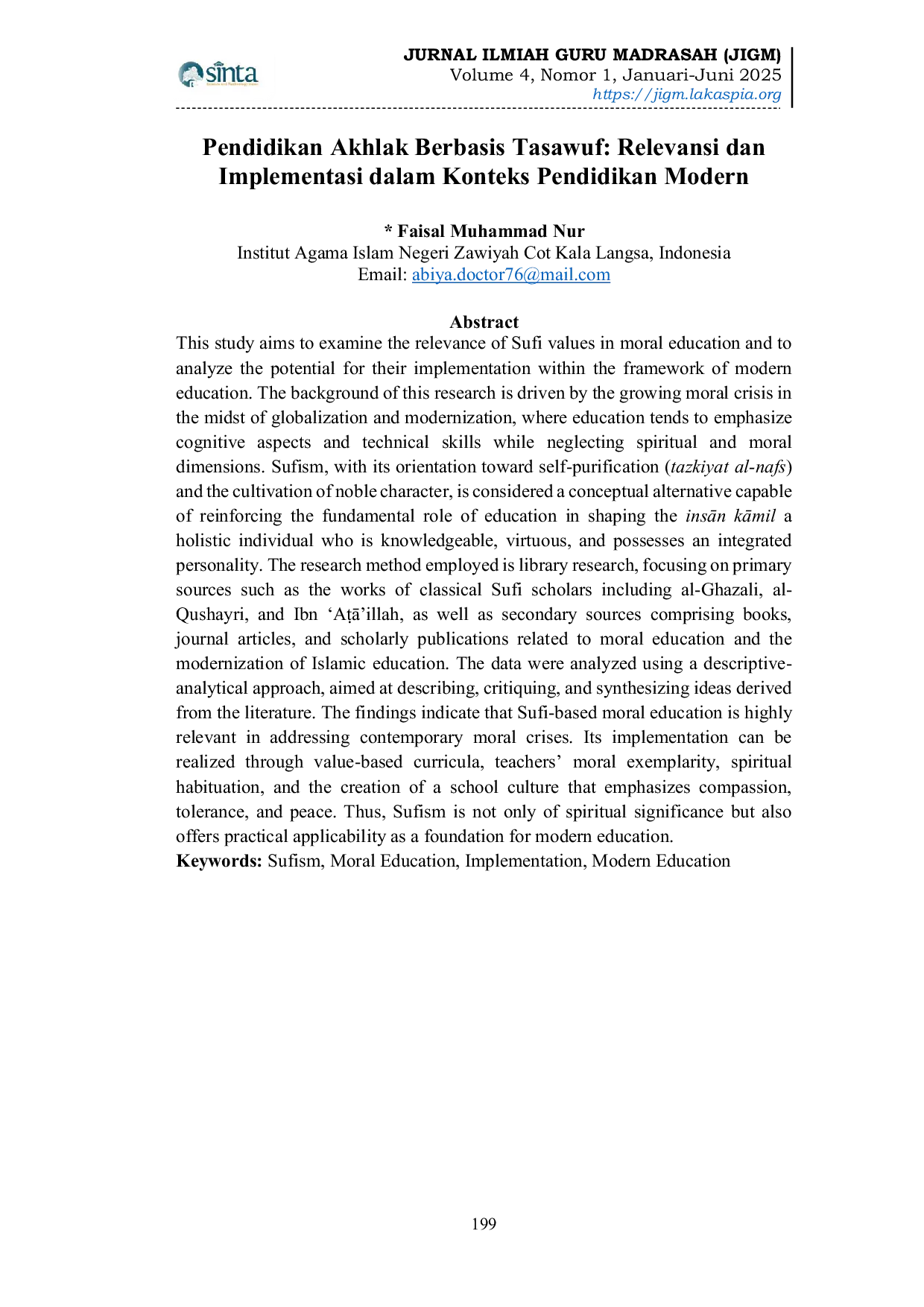 JURIS Pendidikan Akhlak Berbasis Tasawuf Relevansi dan Implementasi dalam Konteks Pendidikan Modern