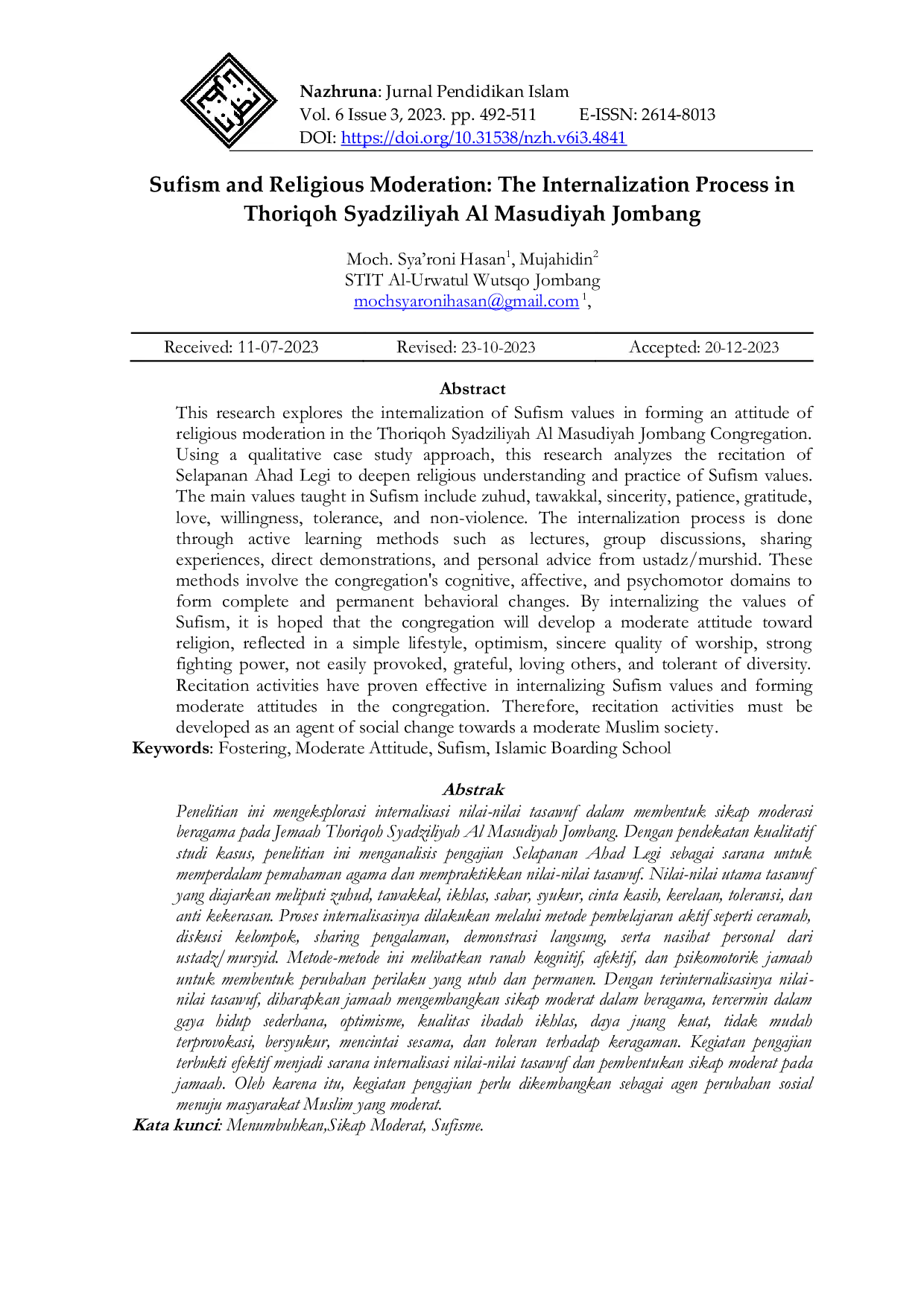 JURIS Sufism and Religious Moderation The Internalization Process in Thoriqoh Syadziliyah Al Masudiyah Jombang