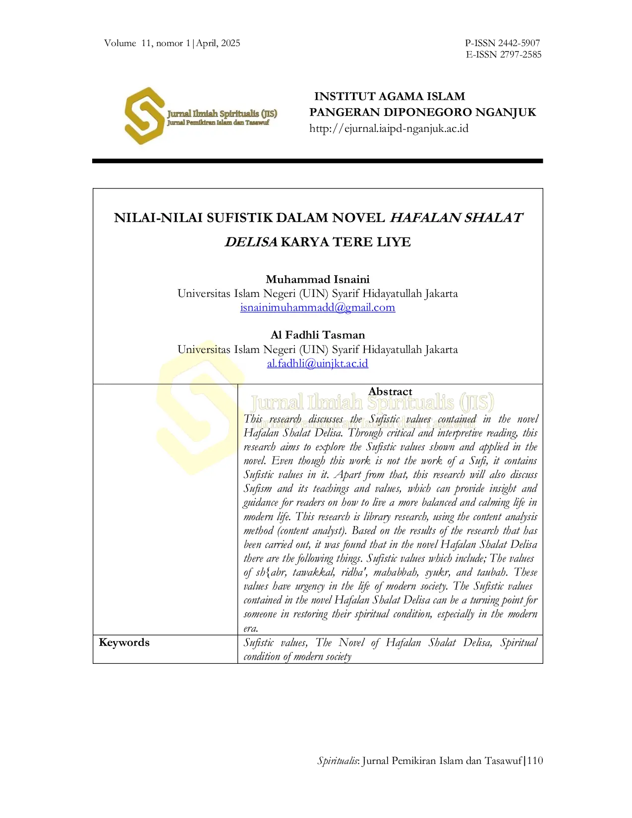 JURIS Nilai Nilai Sufistik dalam Novel Hafalan Shalat Delisa Karya Tere Liye
