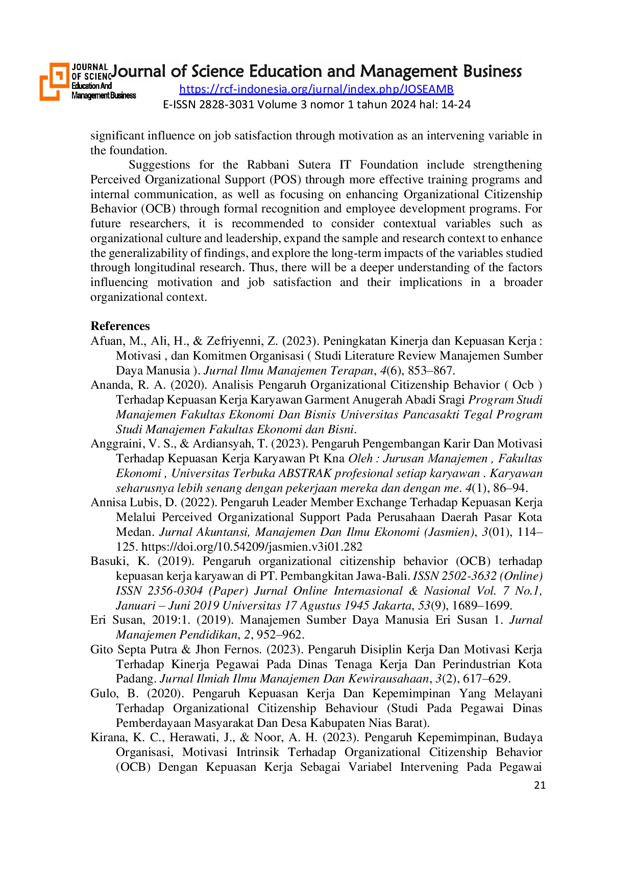 JURIS The Influence Of Perceived Organizational Support And Organizational Citizenship Behavior OCB On Job Satisfaction With Motivation As An Intervening Variable At The It Rabbani Sutera Foundation