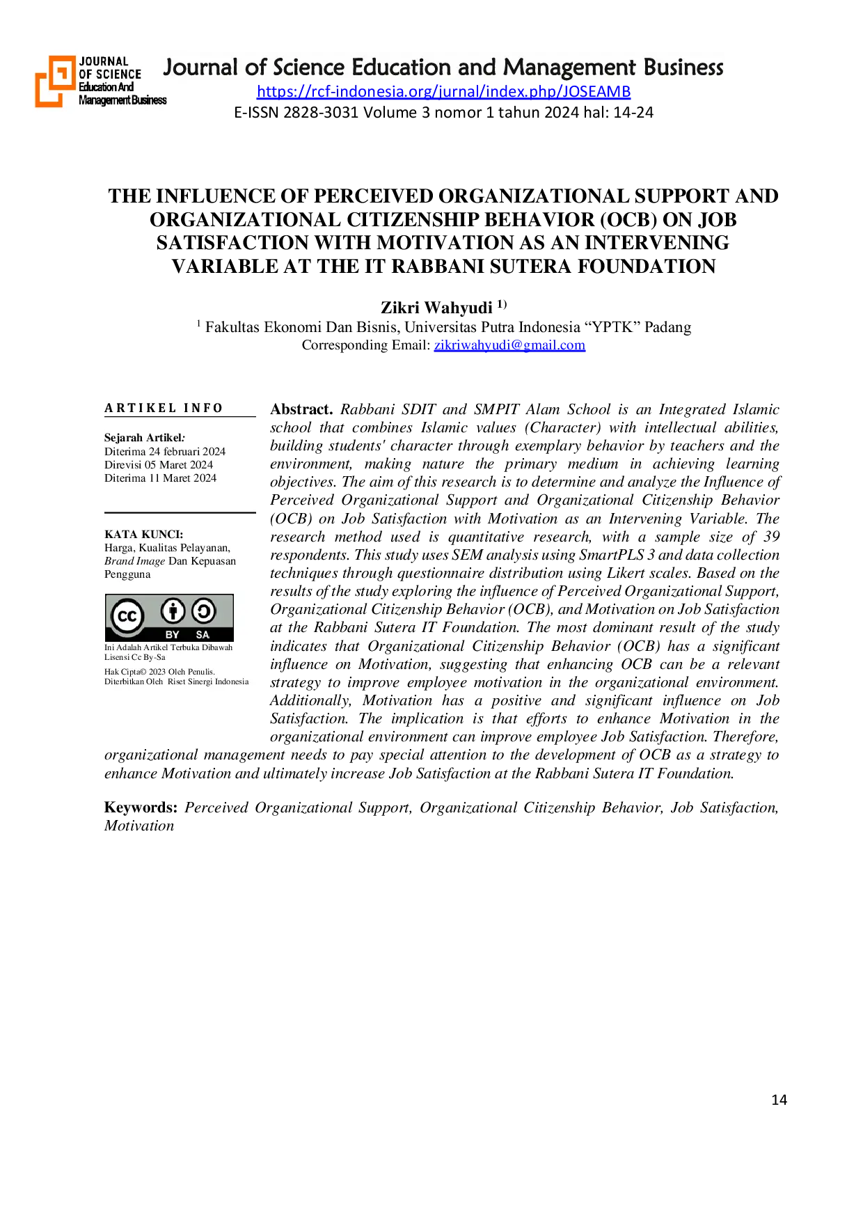 JURIS The Influence Of Perceived Organizational Support And Organizational Citizenship Behavior OCB On Job Satisfaction With Motivation As An Intervening Variable At The It Rabbani Sutera Foundation