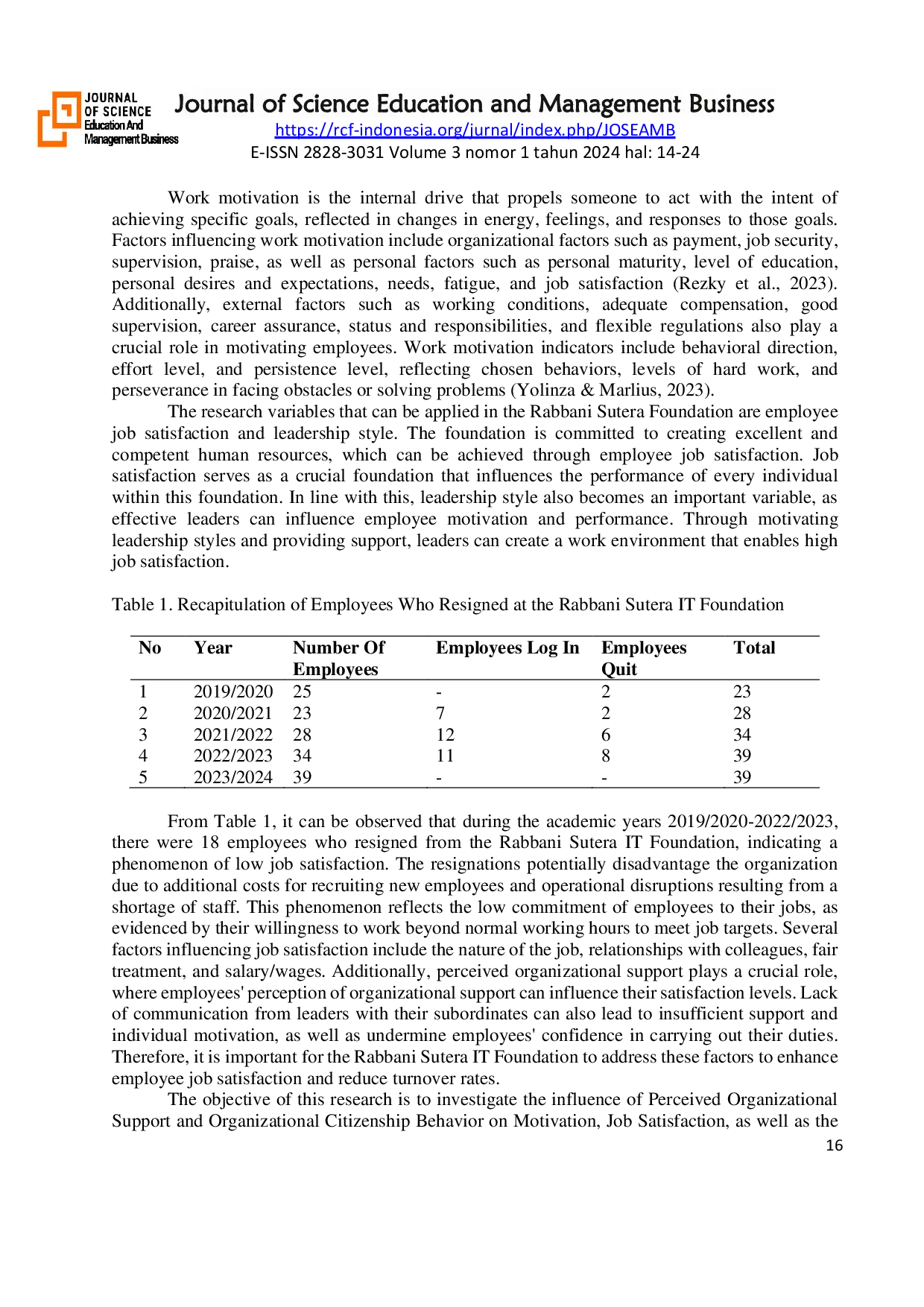 JURIS The Influence Of Perceived Organizational Support And Organizational Citizenship Behavior OCB On Job Satisfaction With Motivation As An Intervening Variable At The It Rabbani Sutera Foundation