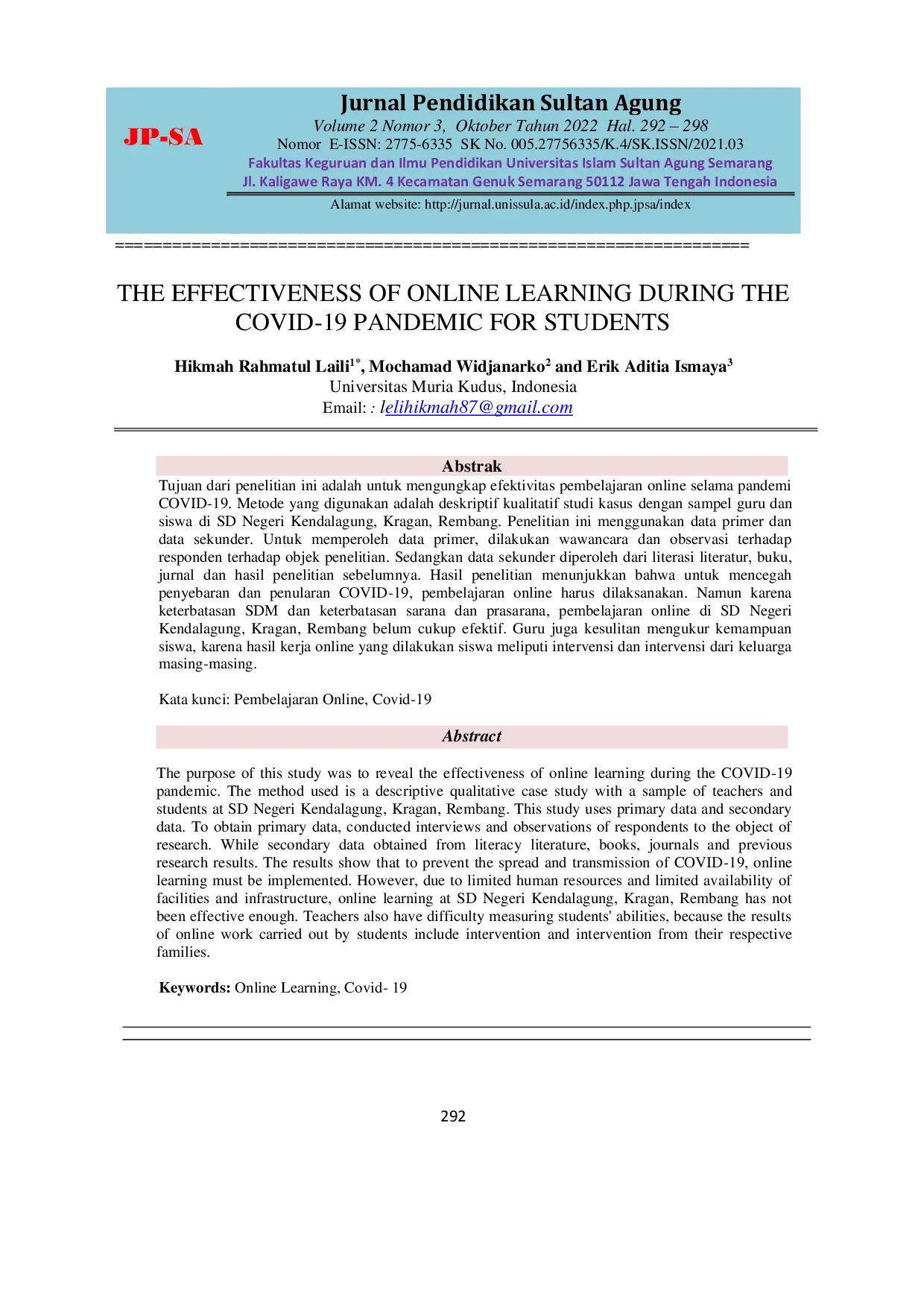 JURIS The Effectiveness of Online Learning During the Covid 19 Pandemic for Students