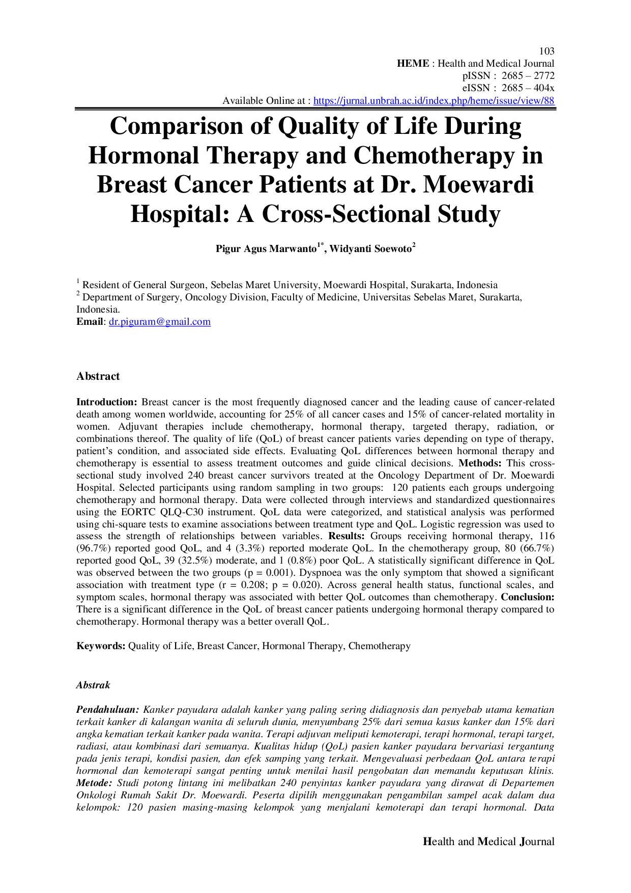 JURIS Comparison of Quality of Life During Hormonal Therapy and Chemotherapy in Breast Cancer Patients at Dr Moewardi Hospital A Cross Sectional Study