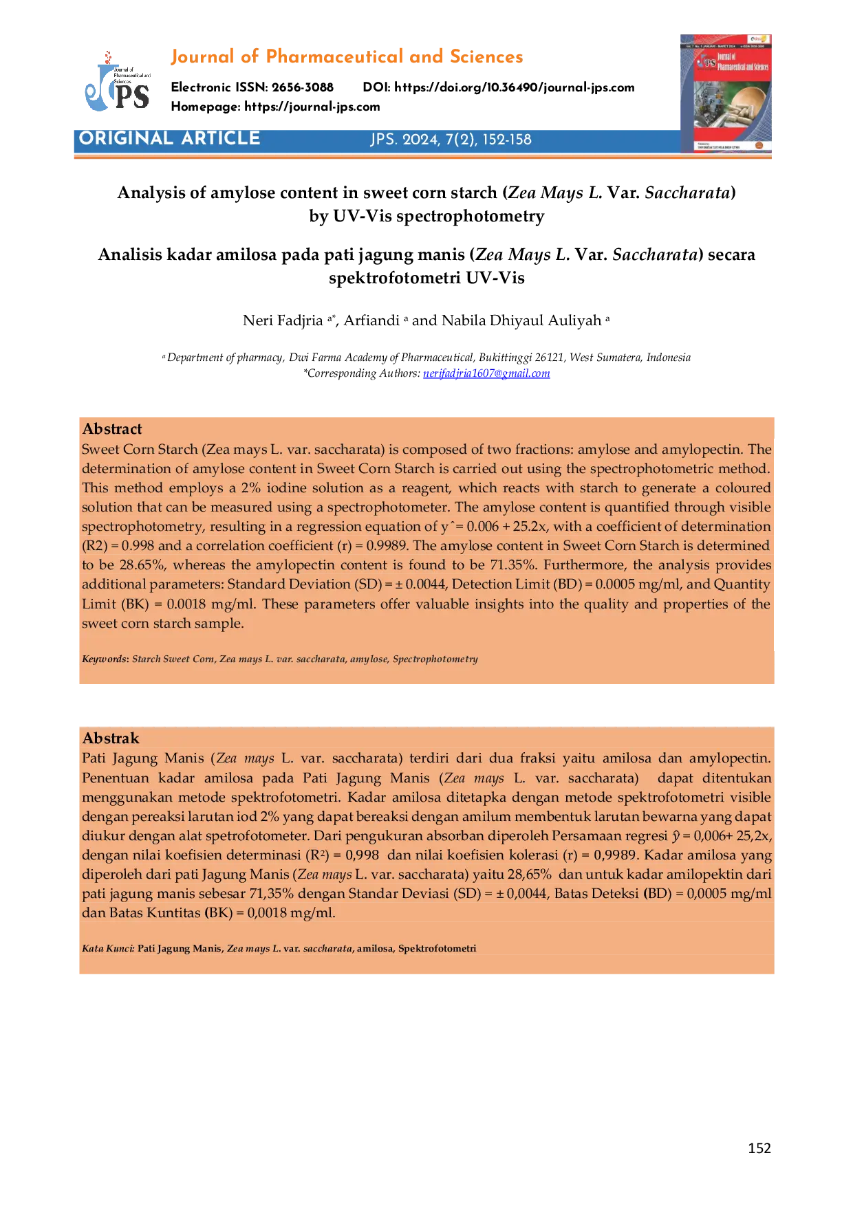 JURIS Analisis kadar amilosa pada pati jagung manis Zea Mays L Var Saccharata secara spektrofotometri UV Vis