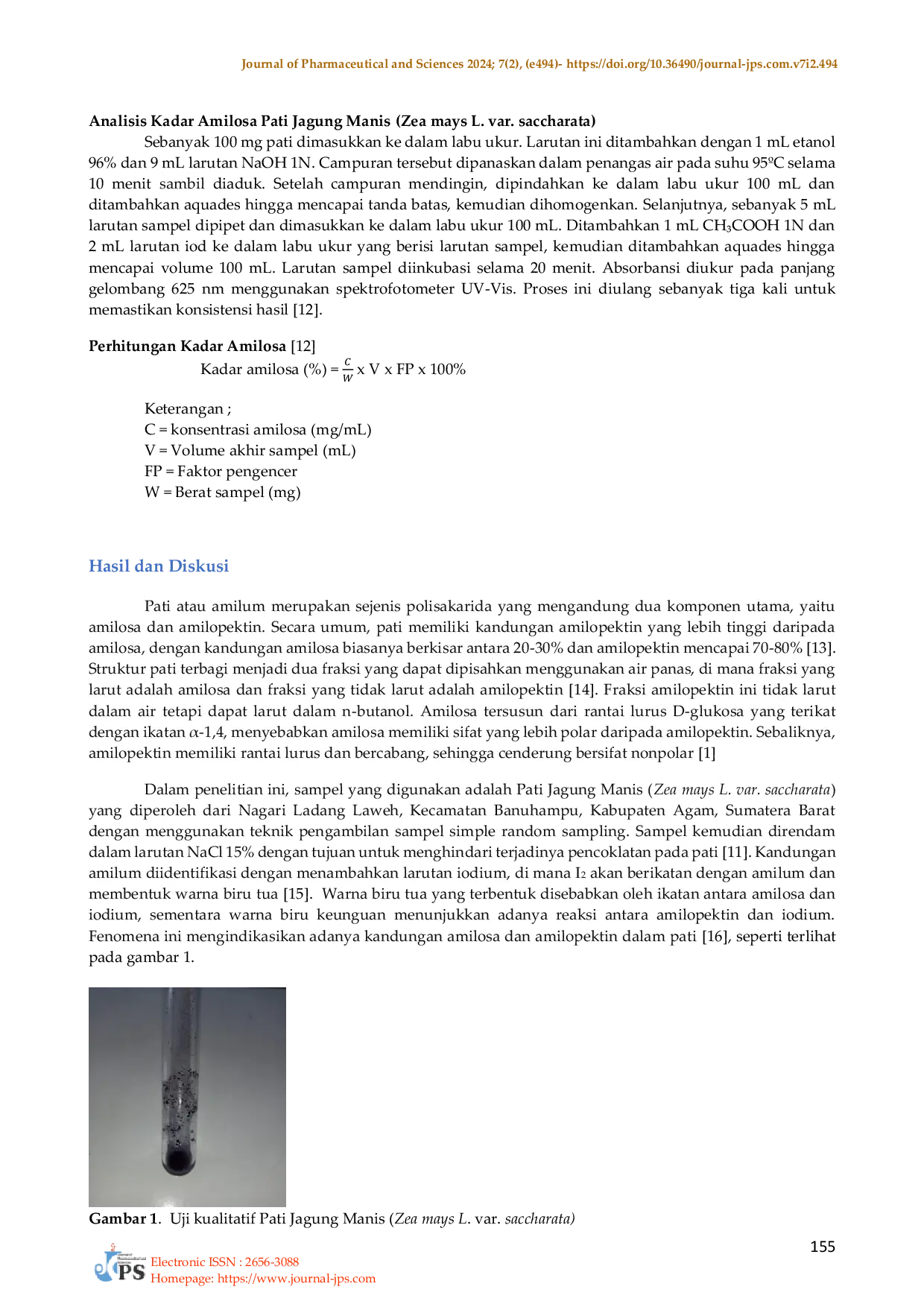JURIS Analisis kadar amilosa pada pati jagung manis Zea Mays L Var Saccharata secara spektrofotometri UV Vis