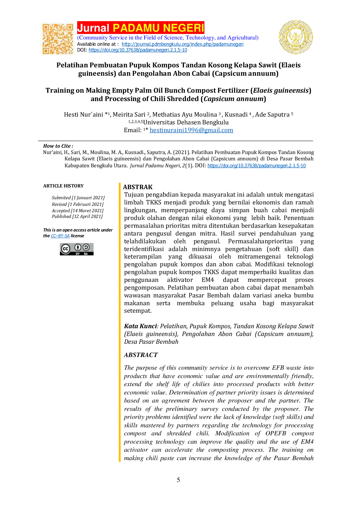 JURIS Pelatihan Pembuatan Pupuk Kompos Tandan Kosong Kelapa Sawit Elaeis guineensis dan Pengolahan Abon Cabai Capsicum annuum di Desa Pasar Bembah Kabupaten Bengkulu Utara