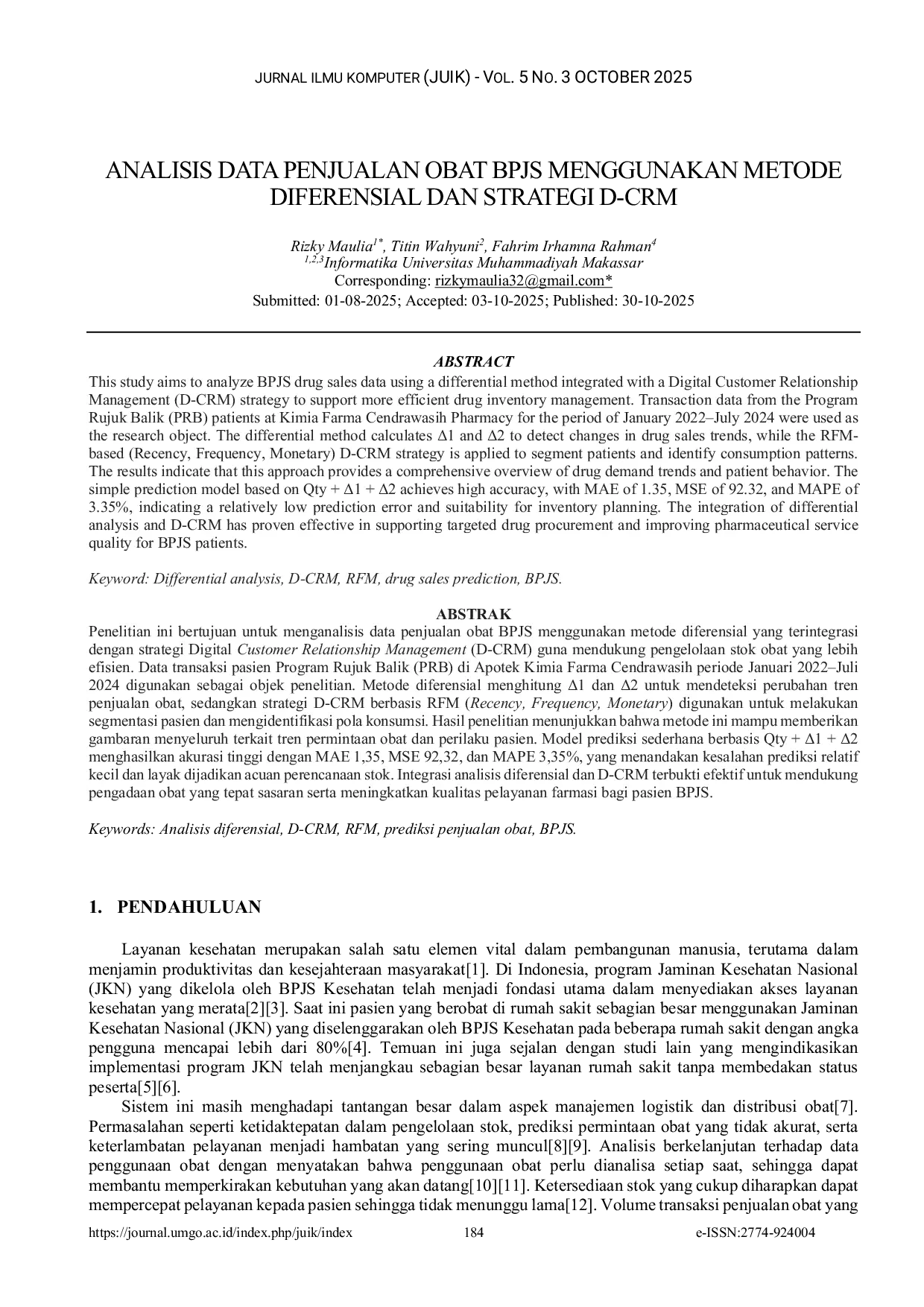 JURIS Analysis of BPJS Drug Sales Data Using Differential Method and D CRM Strategy