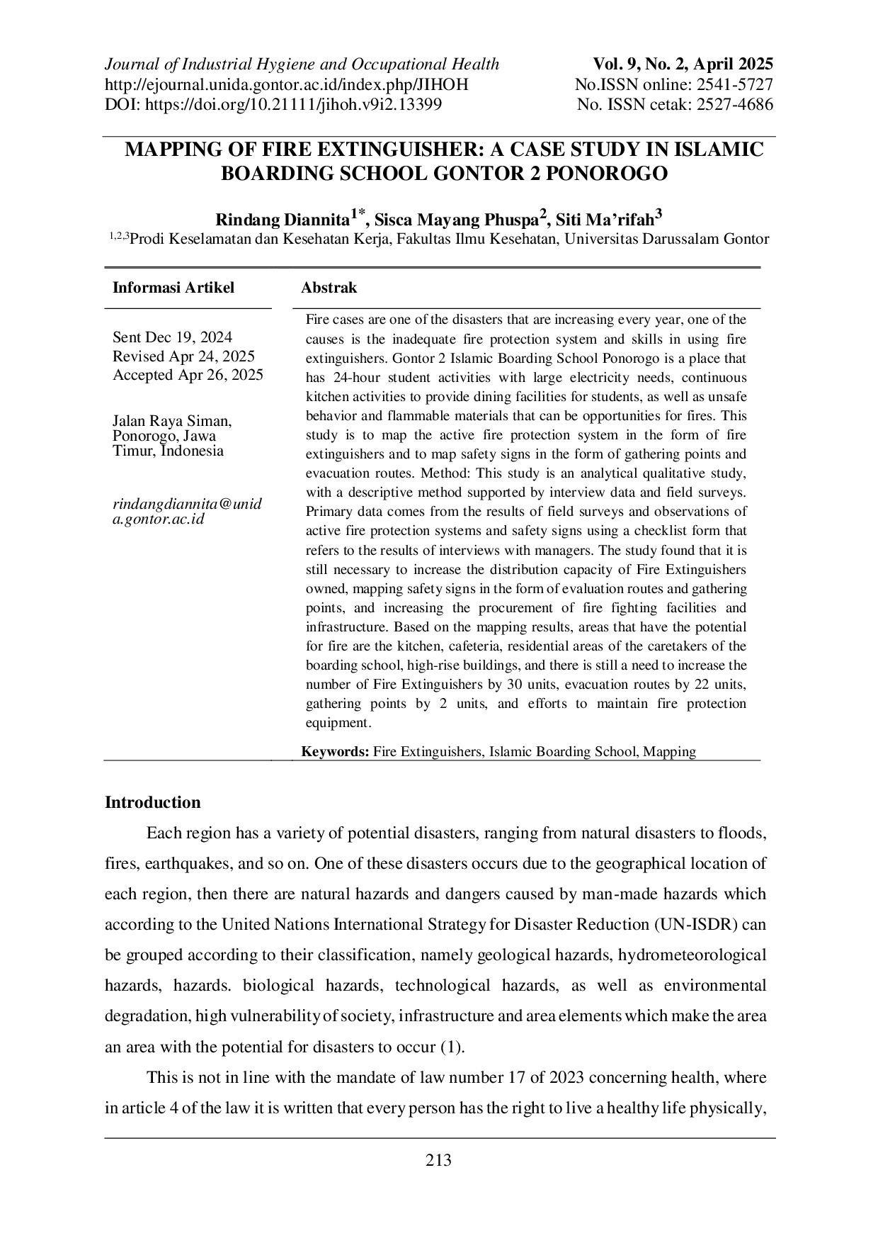 JURIS Mapping of Fire Extinguishers A Case Study in Islamic Boarding School Gontor 2 Ponorogo