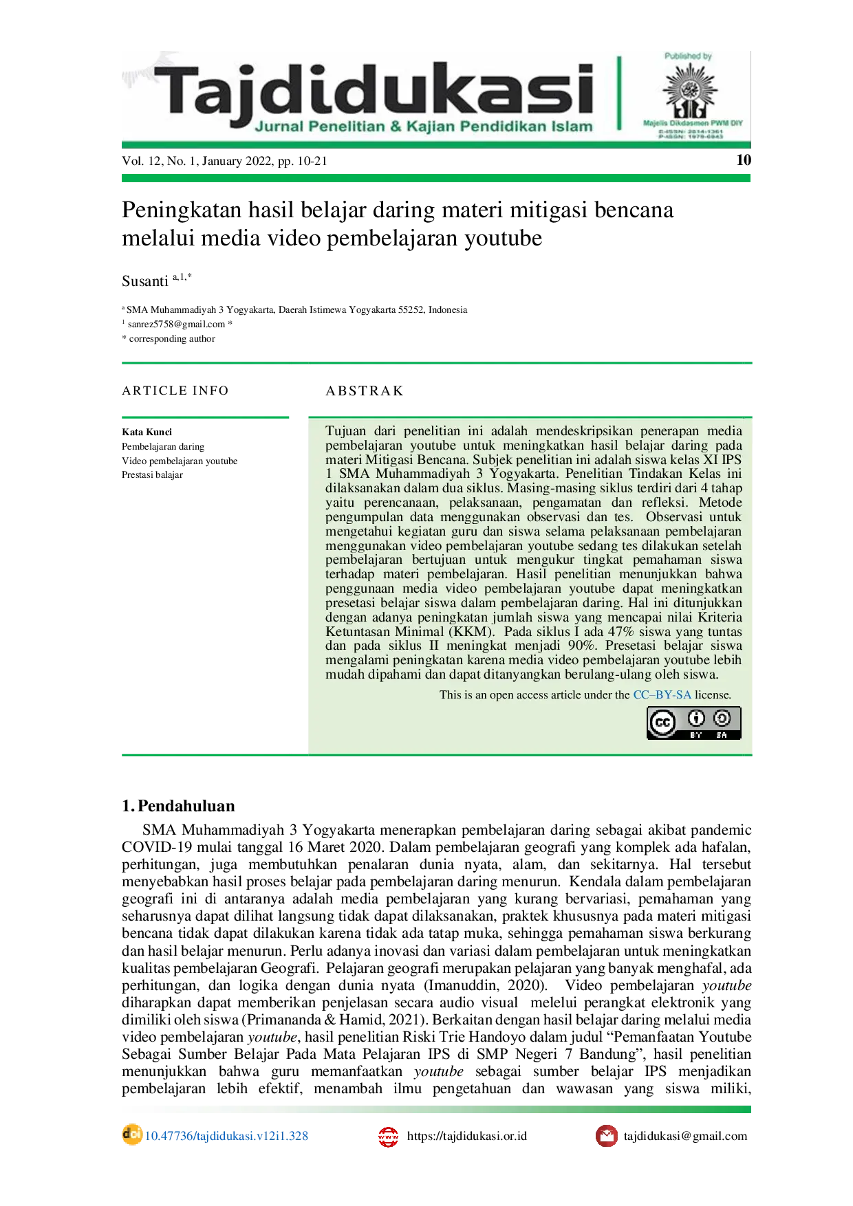 JURIS Peningkatan hasil belajar daring materi mitigasi bencana melalui media video pembelajaran youtube