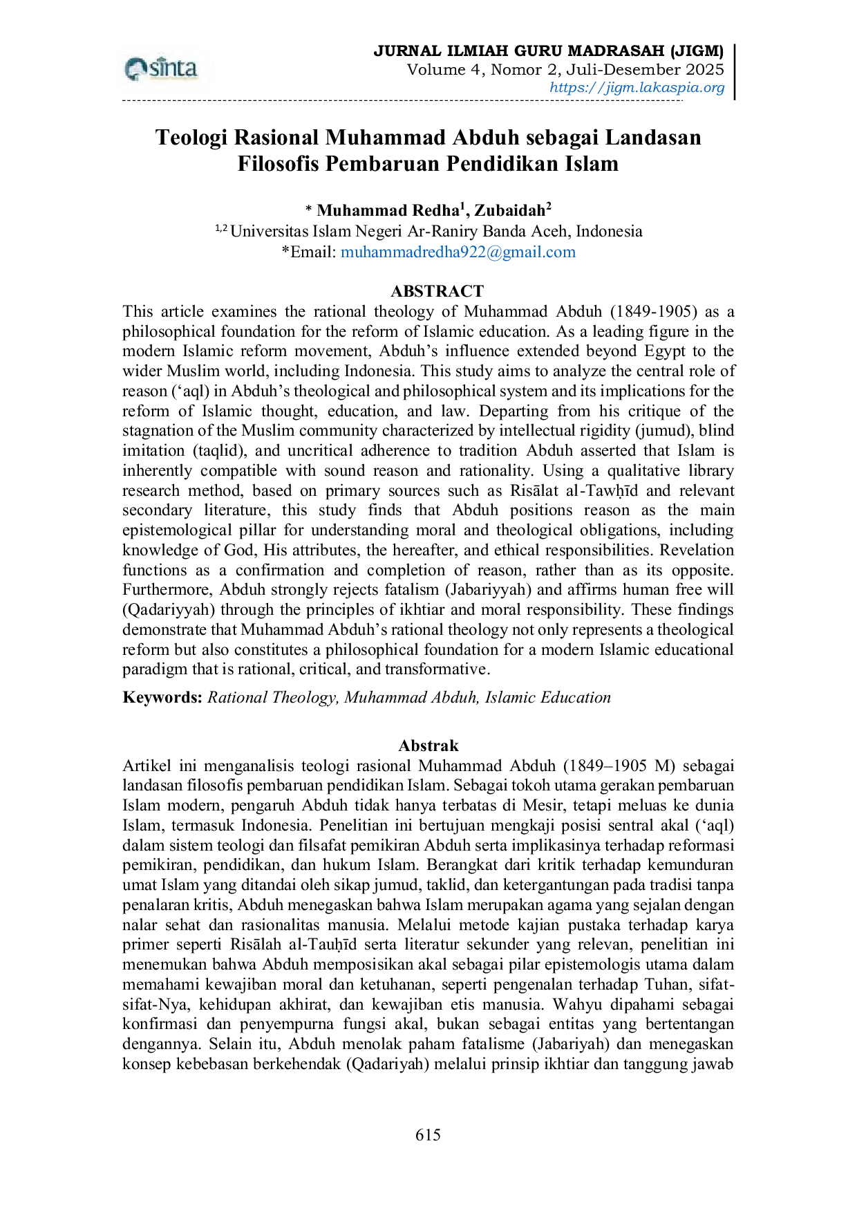 JURIS Teologi Rasional Muhammad Abduh sebagai Landasan Filosofis Pembaruan Pendidikan Islam