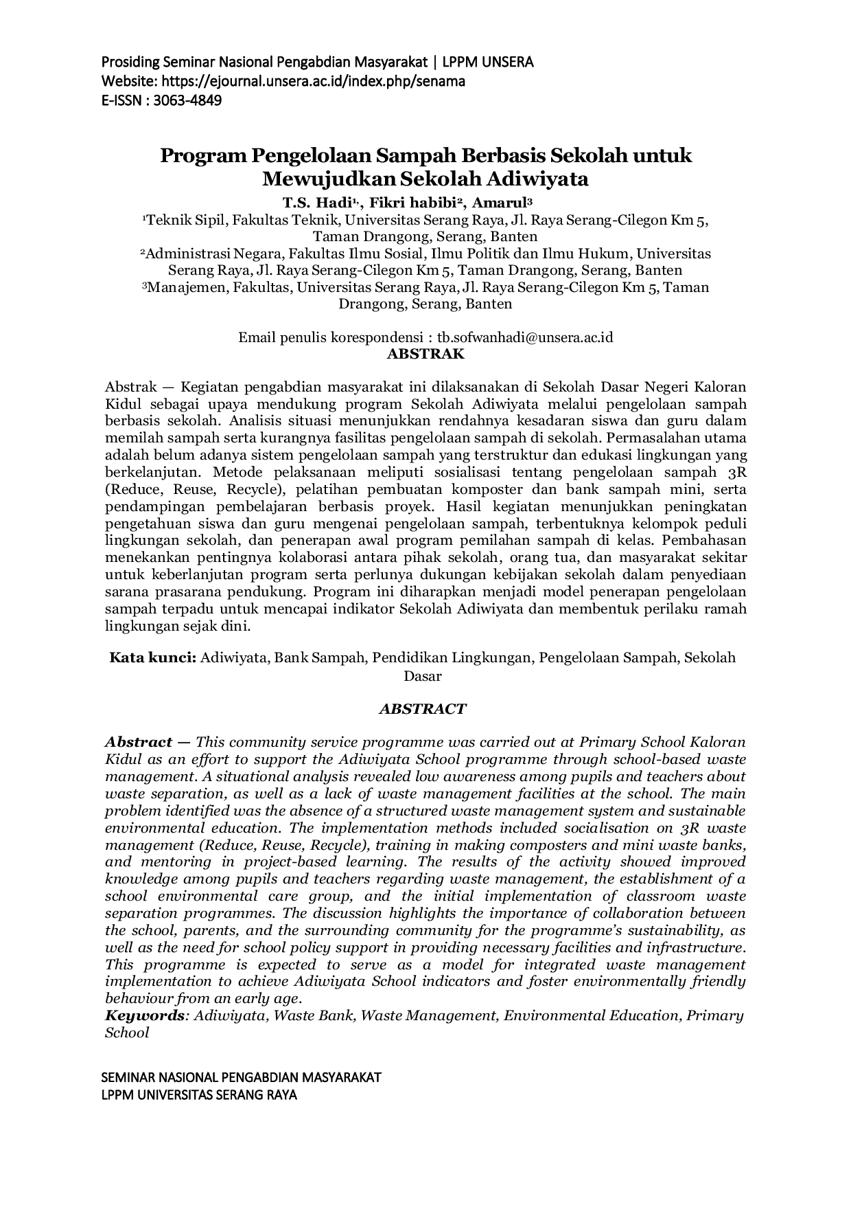 JURIS Program Pengelolaan Sampah Berbasis Sekolah untuk Mewujudkan Sekolah Adiwiyata