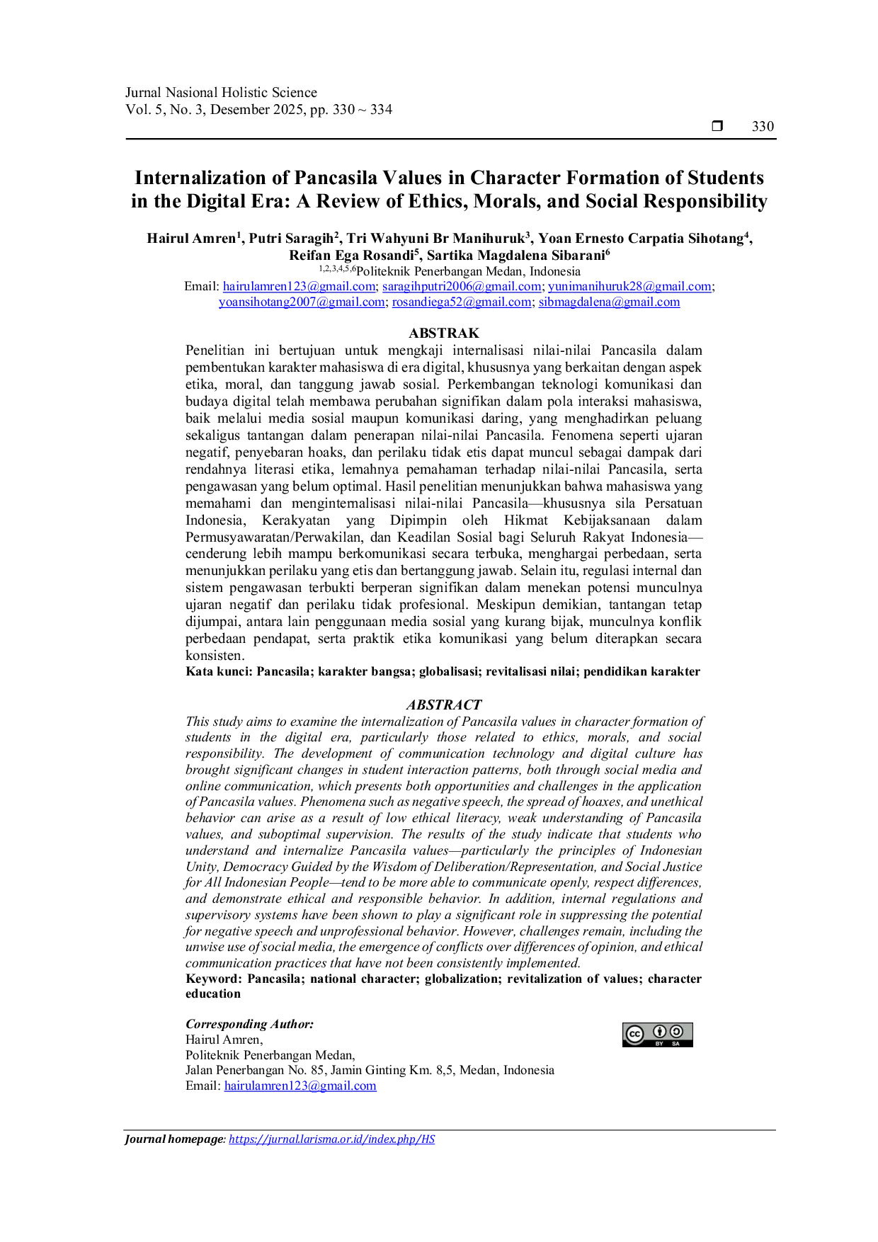 JURIS Internalization of Pancasila Values in Character Formation of Students in the Digital Era A Review of Ethics Morals and Social Responsibility