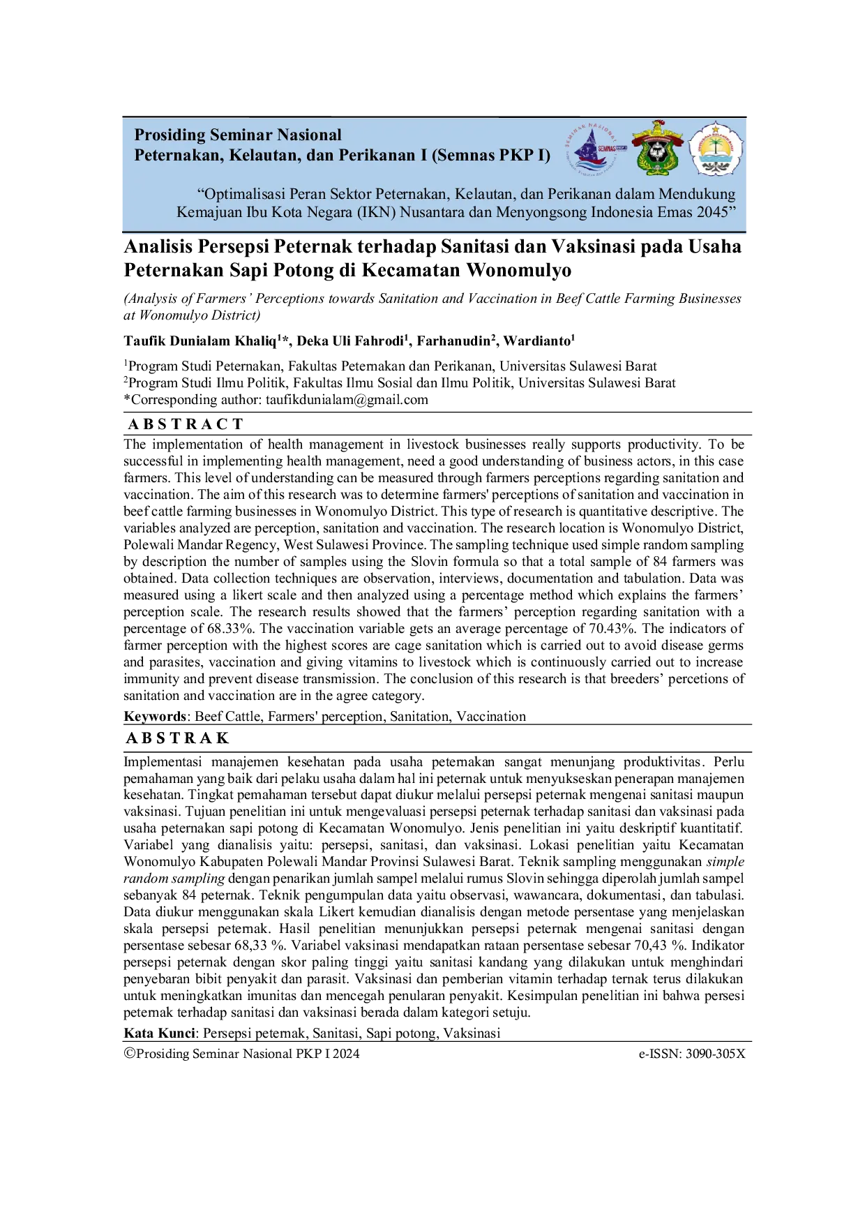 JURIS Analisis Persepsi Peternak terhadap Sanitasi dan Vaksinasi pada Usaha Peternakan Sapi Potong di Kecamatan Wonomulyo