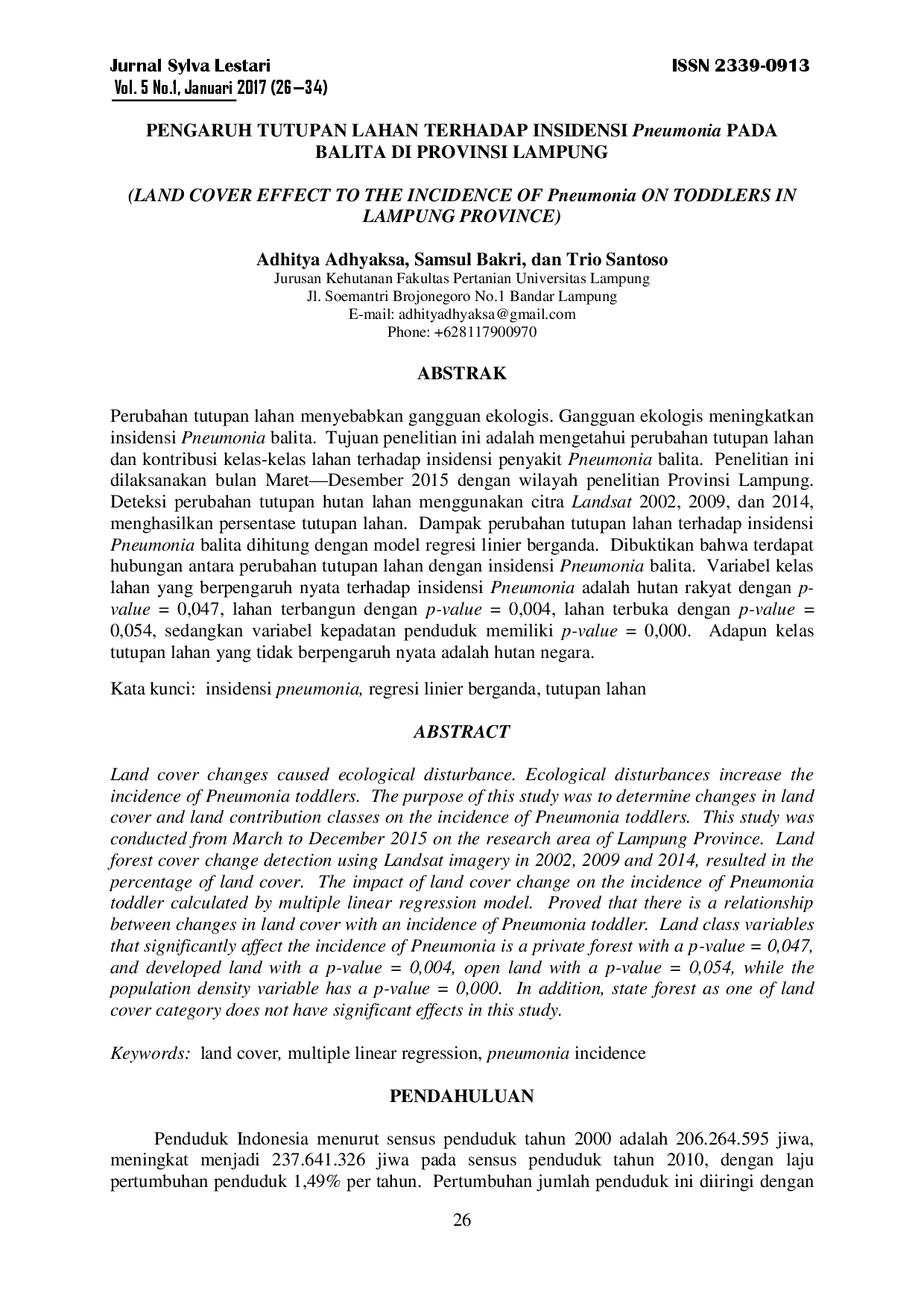 juris Pengaruh Tutupan Lahan terhadap Insidensi Pneumonia pada Balita di Provinsi Lampung