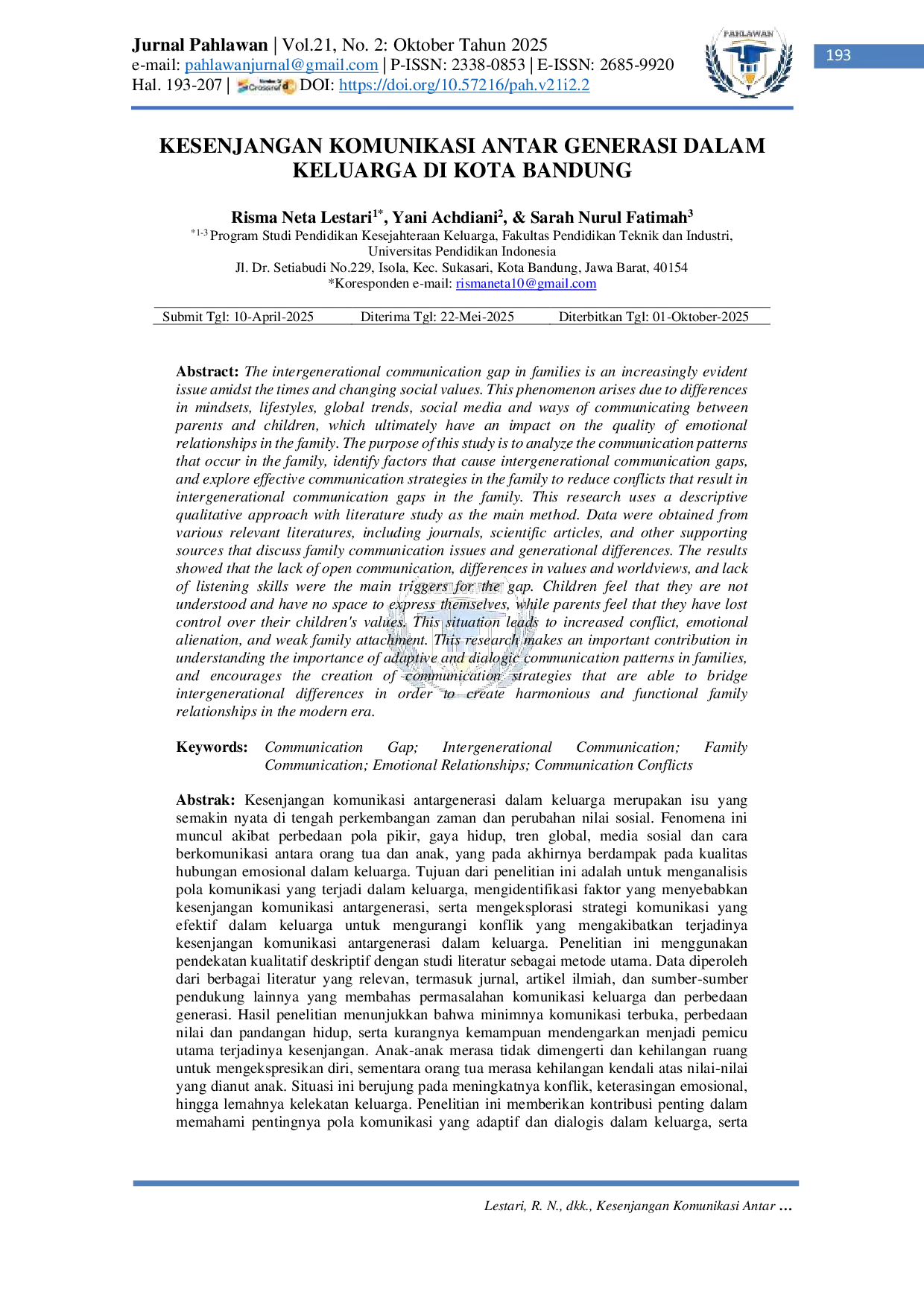 JURIS Kesenjangan Komunikasi Antar Generasi dalam Keluarga di Kota Bandung