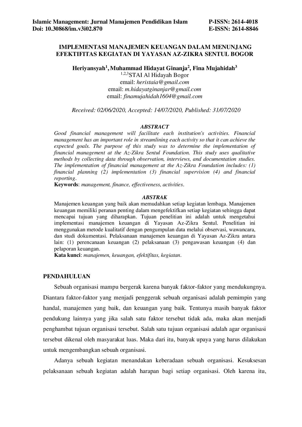 JURIS IMPLEMENTASI MANAJEMEN KEUANGAN DALAM MENUNJANG EFEKTIFITAS KEGIATAN DI YAYASAN AZ ZIKRA SENTUL BOGOR