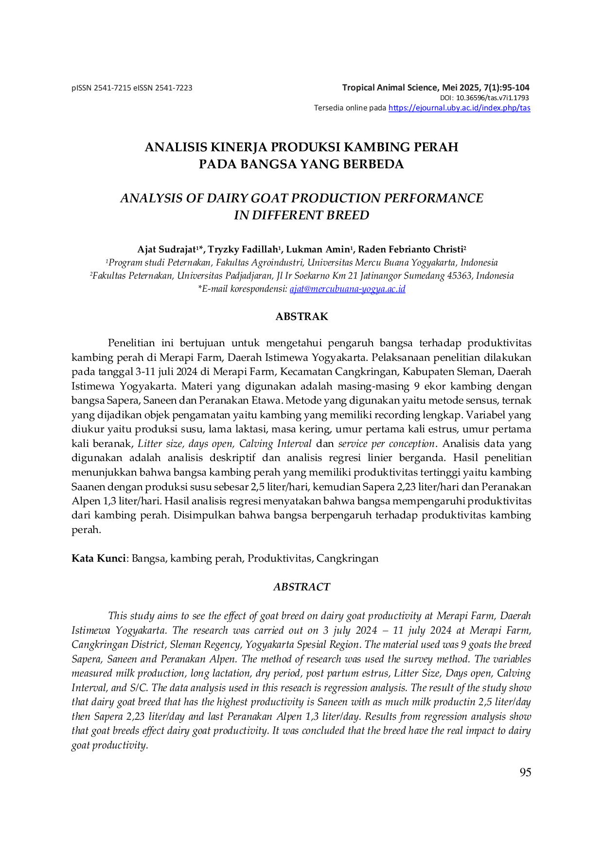 JURIS Analysis Of Dairy Goat Production Performance In Different Breed