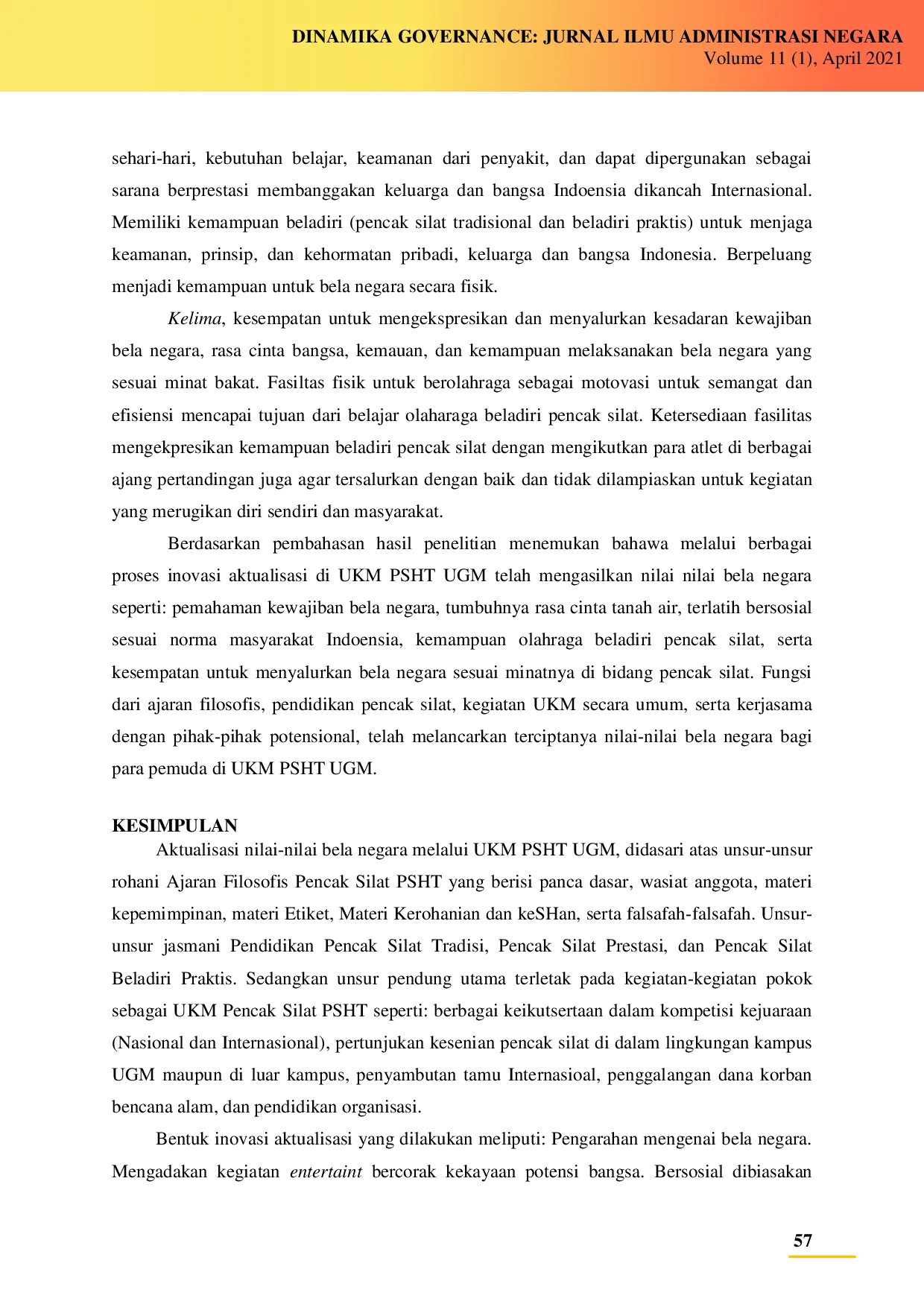 juris Aktualisasi Nilai Nilai Bela Negara Pemuda melalui Unit Kegiatan Mahasiswa Persaudaraan Setia Hati Terate