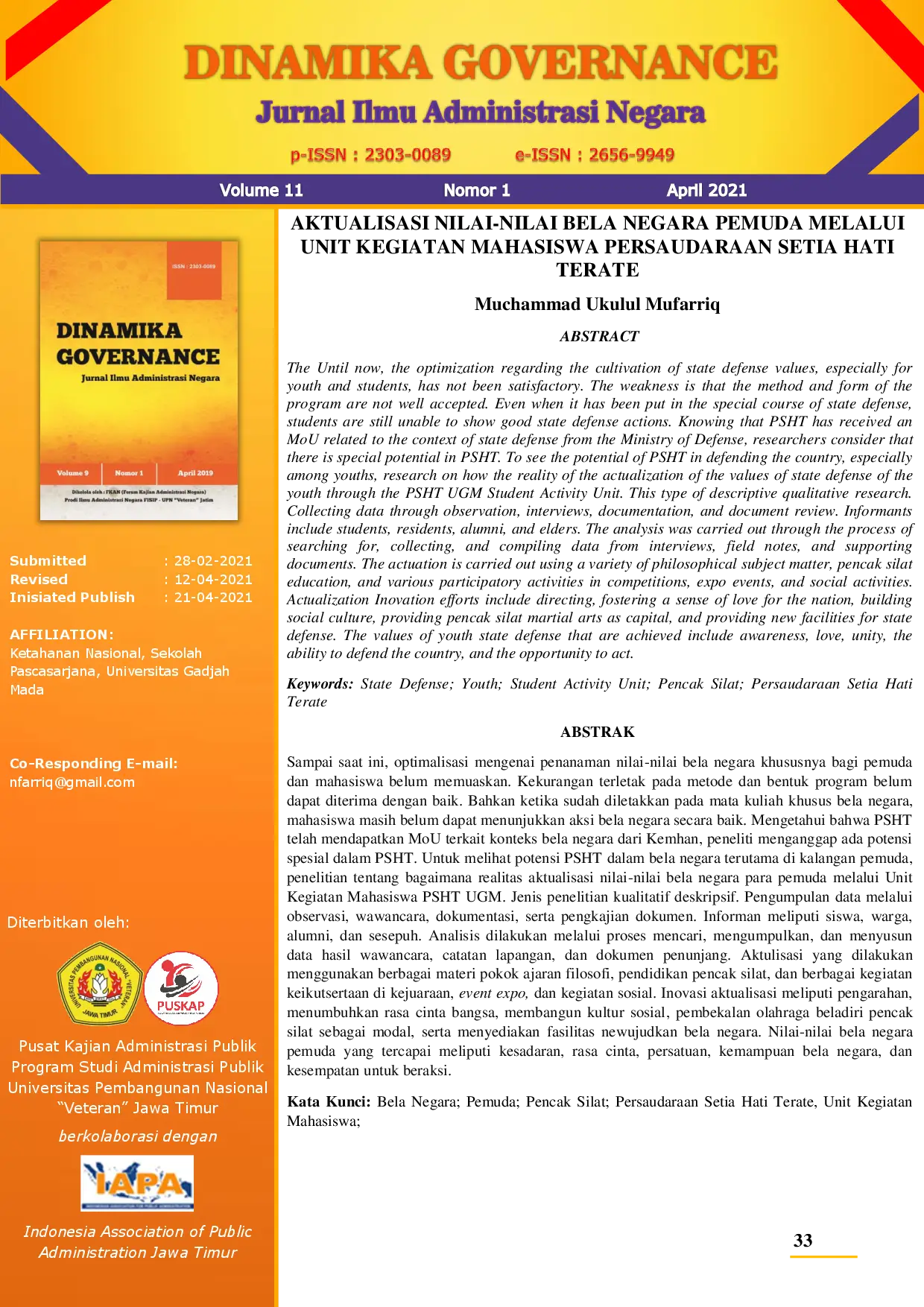 juris Aktualisasi Nilai Nilai Bela Negara Pemuda melalui Unit Kegiatan Mahasiswa Persaudaraan Setia Hati Terate