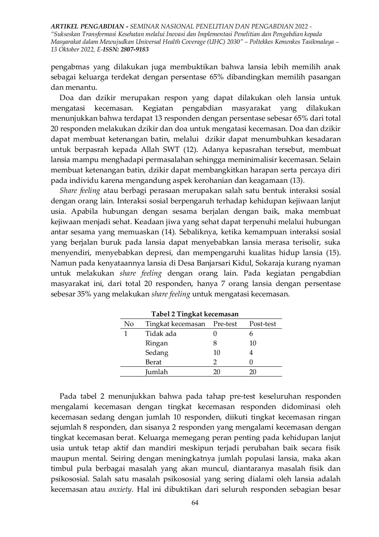 JURIS Pendampingan Kader Kesehatan Komunitas dan Keluarga untuk Mengatasi Kecemasan Lanjut Usia di Era Kebiasaan Baru