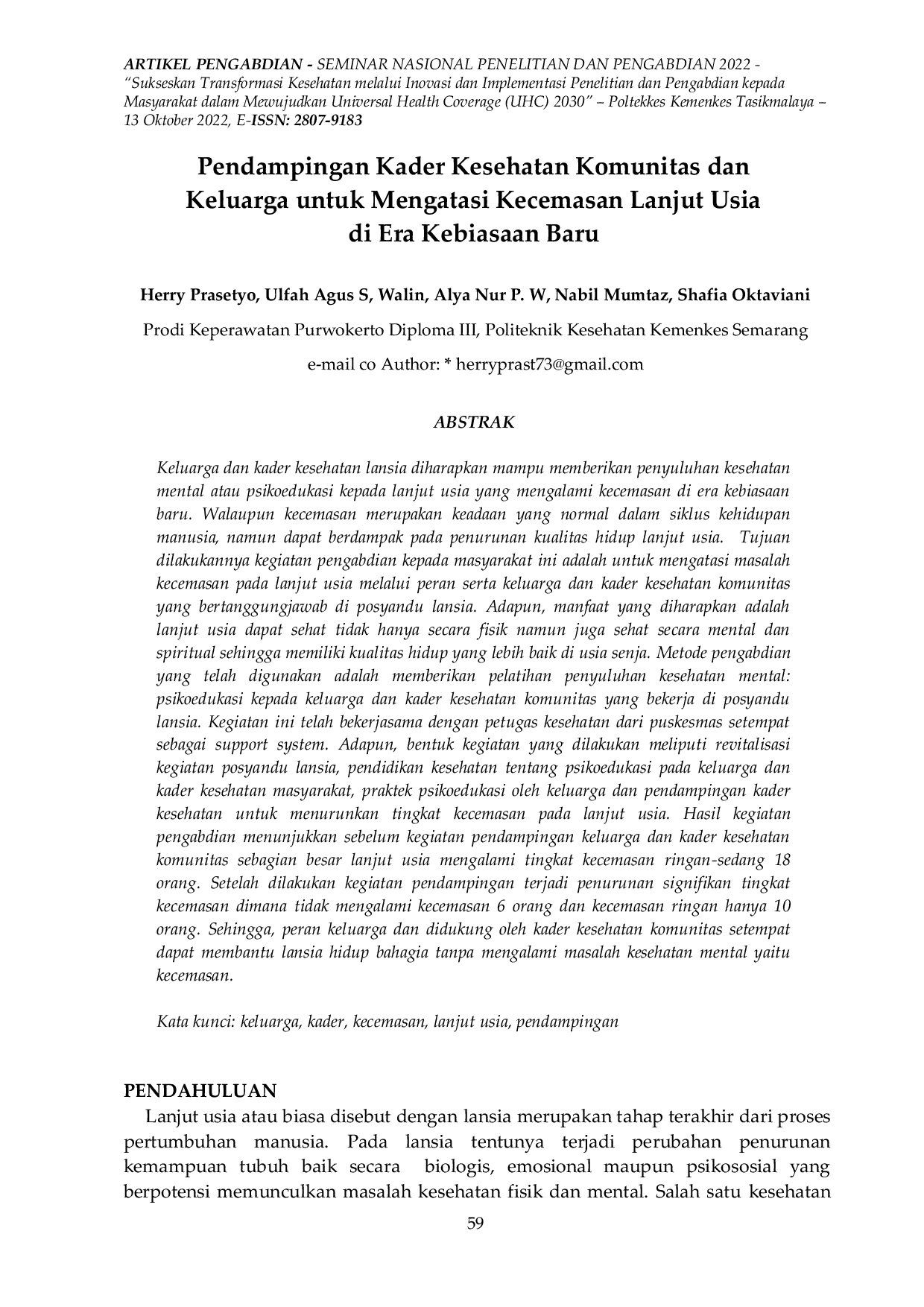 JURIS Pendampingan Kader Kesehatan Komunitas dan Keluarga untuk Mengatasi Kecemasan Lanjut Usia di Era Kebiasaan Baru