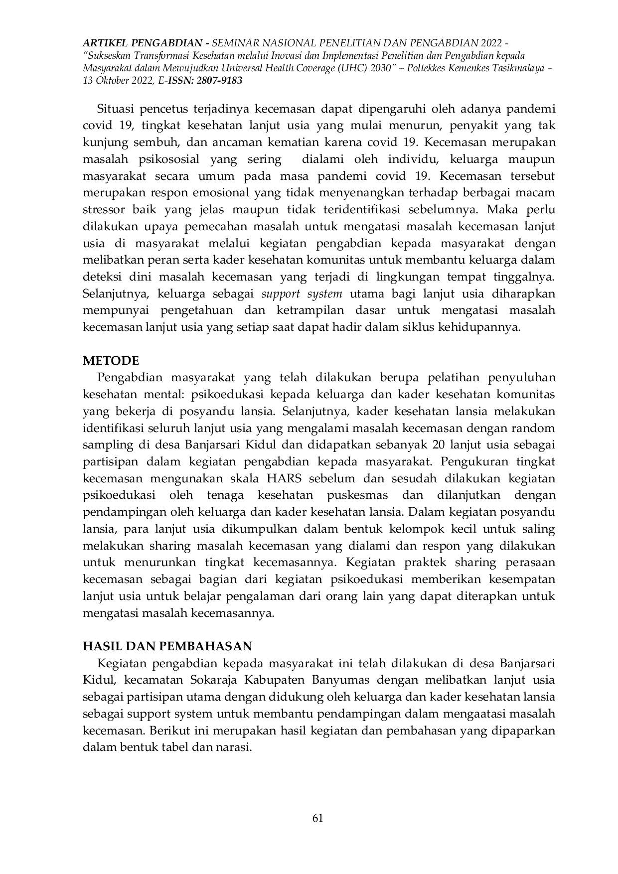 JURIS Pendampingan Kader Kesehatan Komunitas dan Keluarga untuk Mengatasi Kecemasan Lanjut Usia di Era Kebiasaan Baru