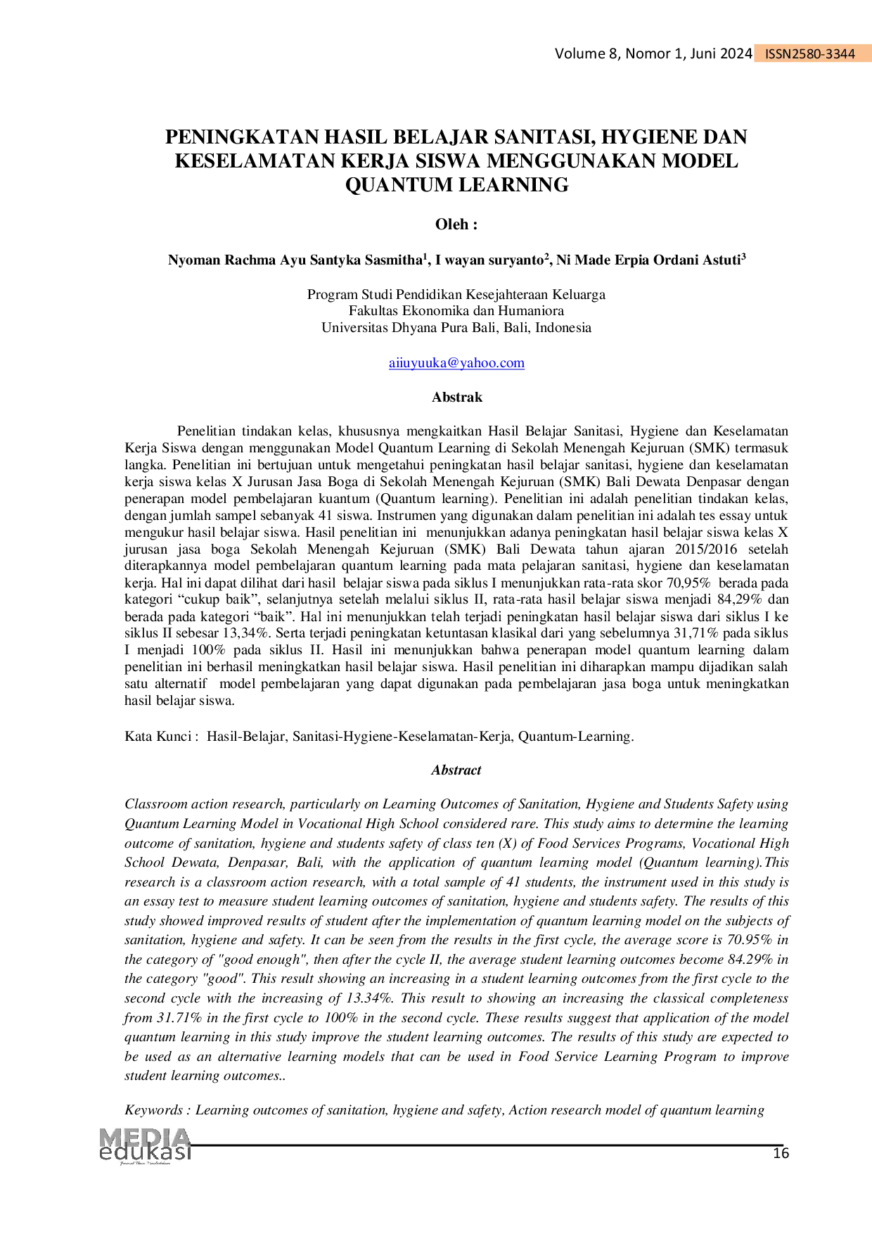 JURIS Peningkatan Hasil Belajar Sanitasi Hygiene Dan Keselamatan Kerja Siswa Menggunakan Model Quantum Learning