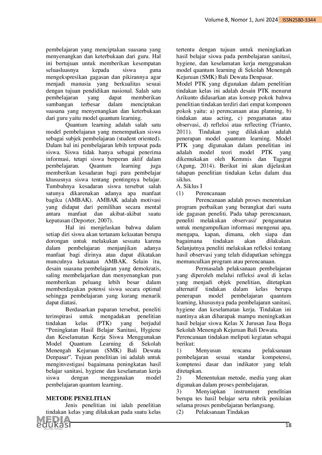 JURIS Peningkatan Hasil Belajar Sanitasi Hygiene Dan Keselamatan Kerja Siswa Menggunakan Model Quantum Learning