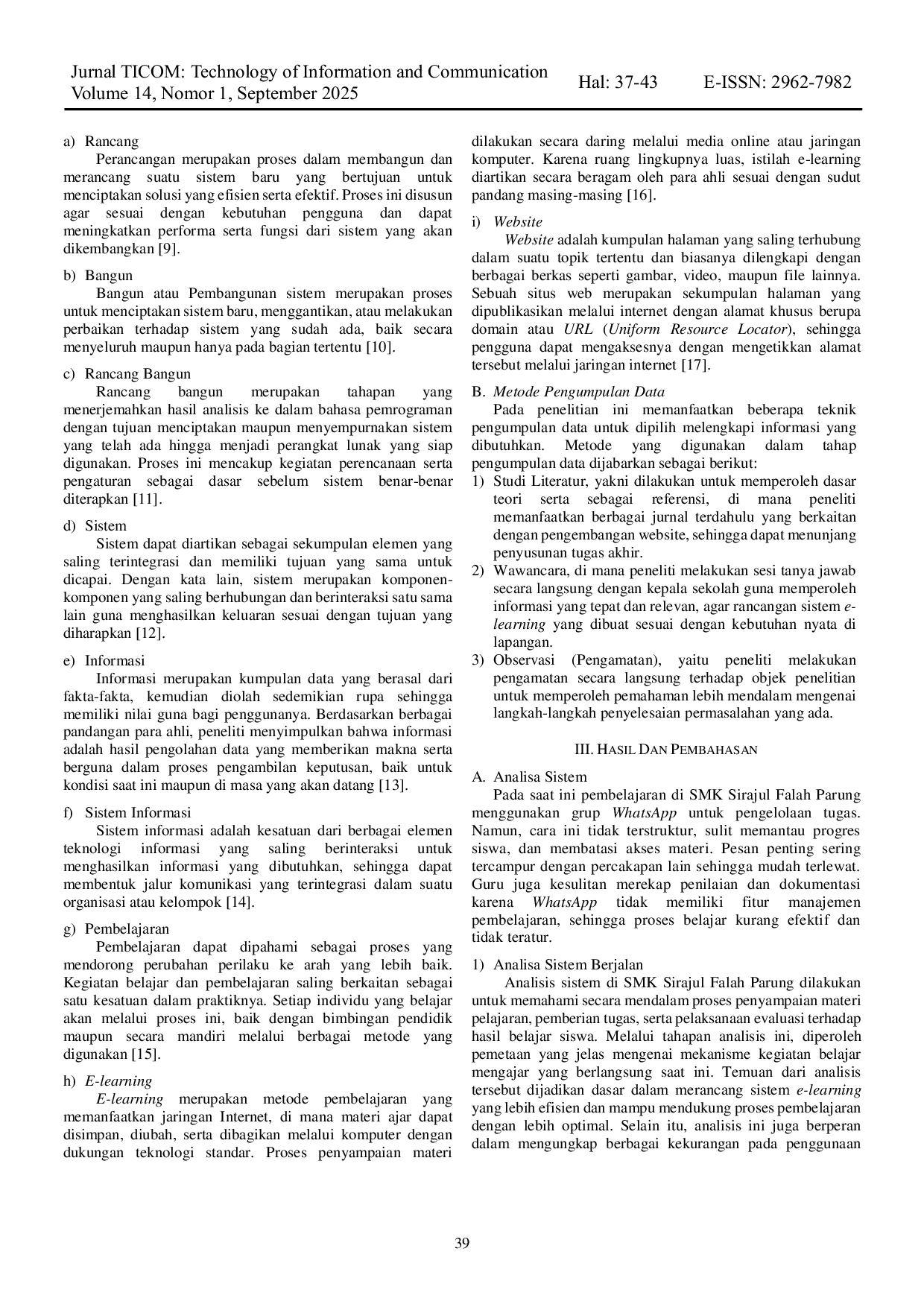 JURIS Rancang Bangun Sistem Pembelajaran E Learning Berbasis Website Menggunakan Metode Prototype Studi Kasus SMK Sirajul Falah Parung