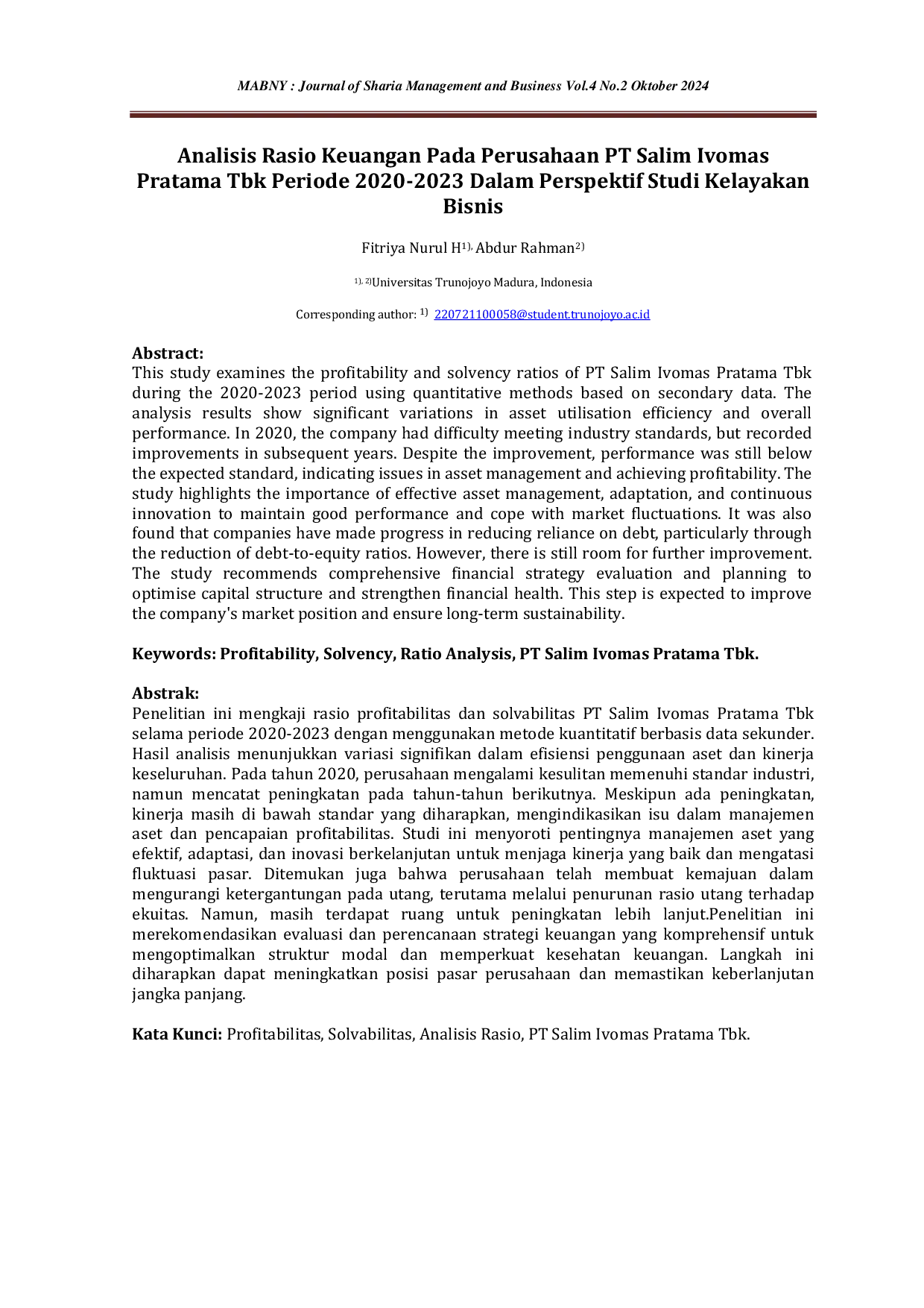 JURIS Analisis Rasio Keuangan Pada Perusahaan PT Salim Ivomas Pratama Tbk Periode 2020 2023 Dalam Perspektif Studi Kelayakan Bisnis