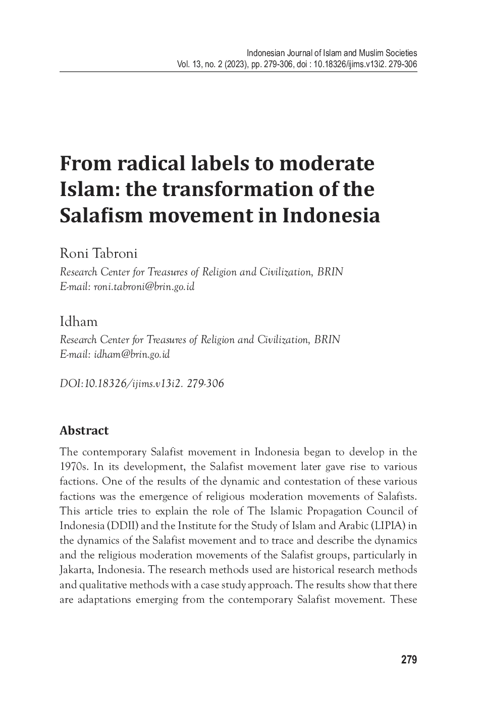 JURIS From radical labels to moderate Islam the transformation of the Salafism movement in Indonesia