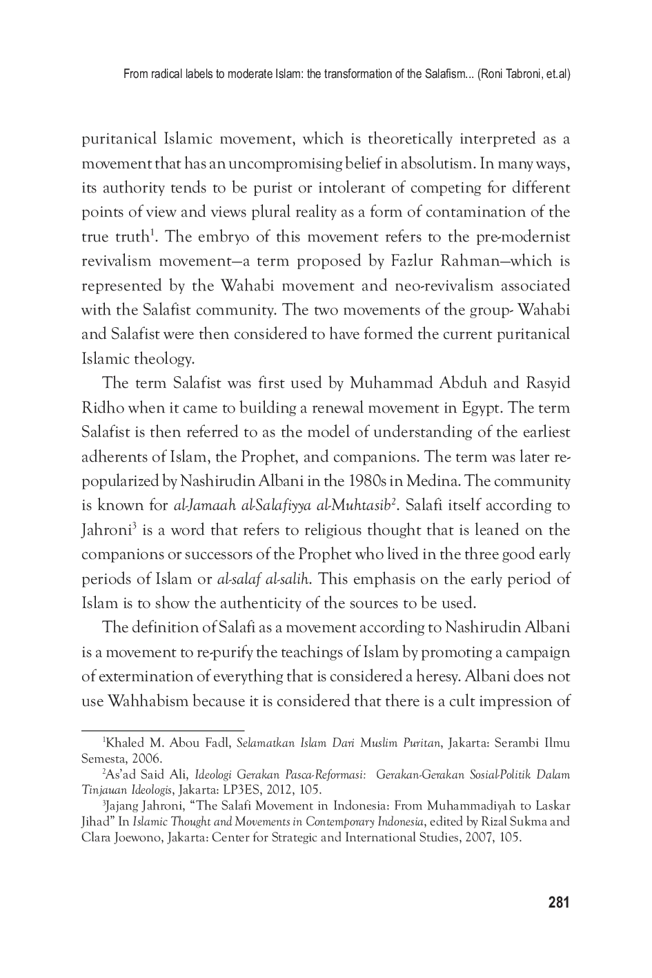JURIS From radical labels to moderate Islam the transformation of the Salafism movement in Indonesia