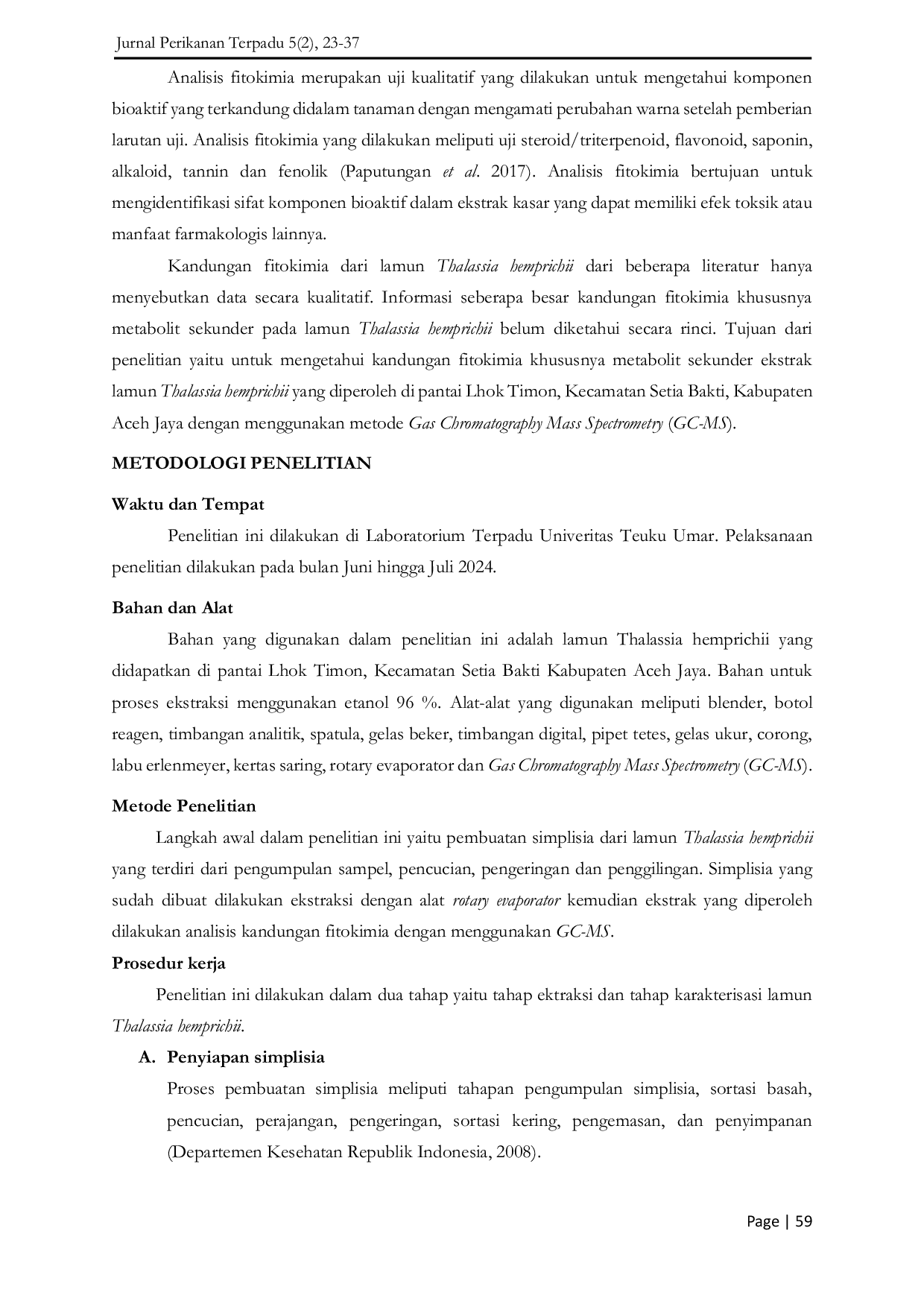 JURIS Karakterisasi Kandungan Fitokimia Ektrak Etanol Lamun Thalassia hemprichii Menggunakan Metode Gas Chromatography Mass Specrometry GC MS