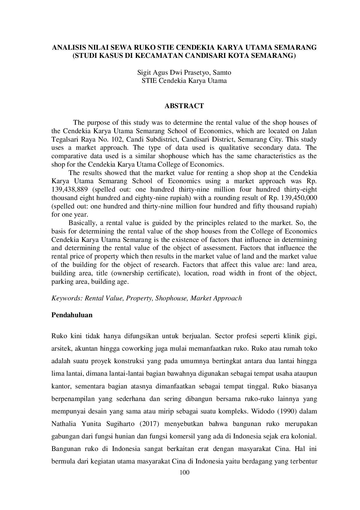 JURIS Analisis Nilai Sewa Ruko STIE Cendekia Karya Utama Semarang Studi Kasus Di Kecamatan Candisari Kota Semarang