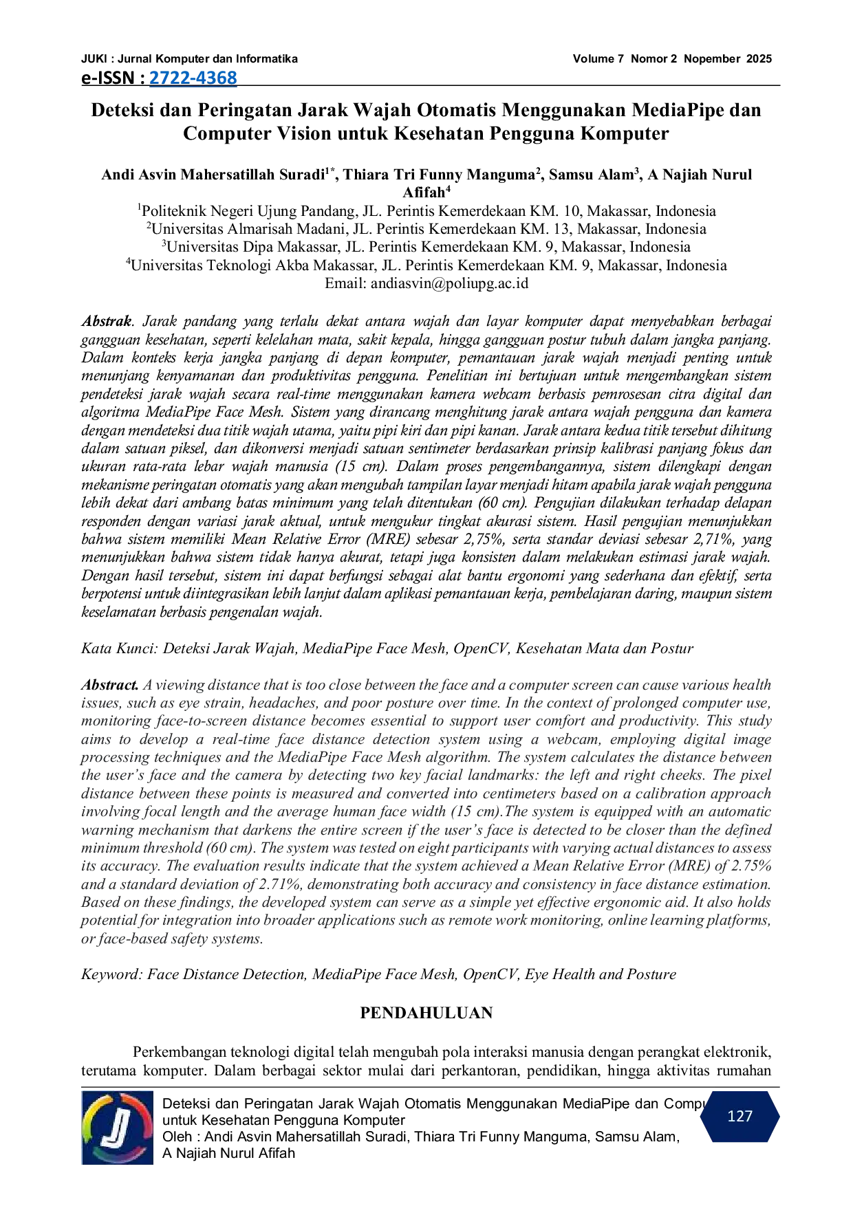 JURIS Deteksi dan Peringatan Jarak Wajah Otomatis Menggunakan MediaPipe dan Computer Vision untuk Kesehatan Pengguna Komputer