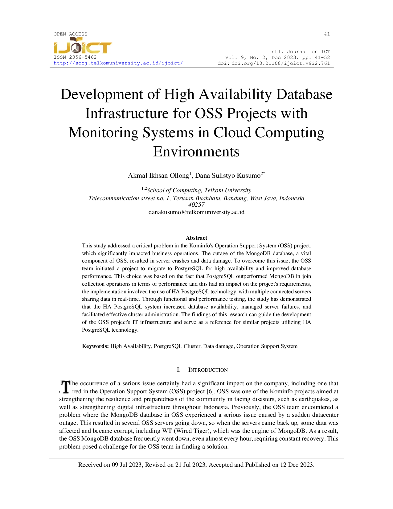 JURIS The Development of High Availability Database Infrastructure for OSS Projects with Monitoring Systems in Cloud Computing Environments