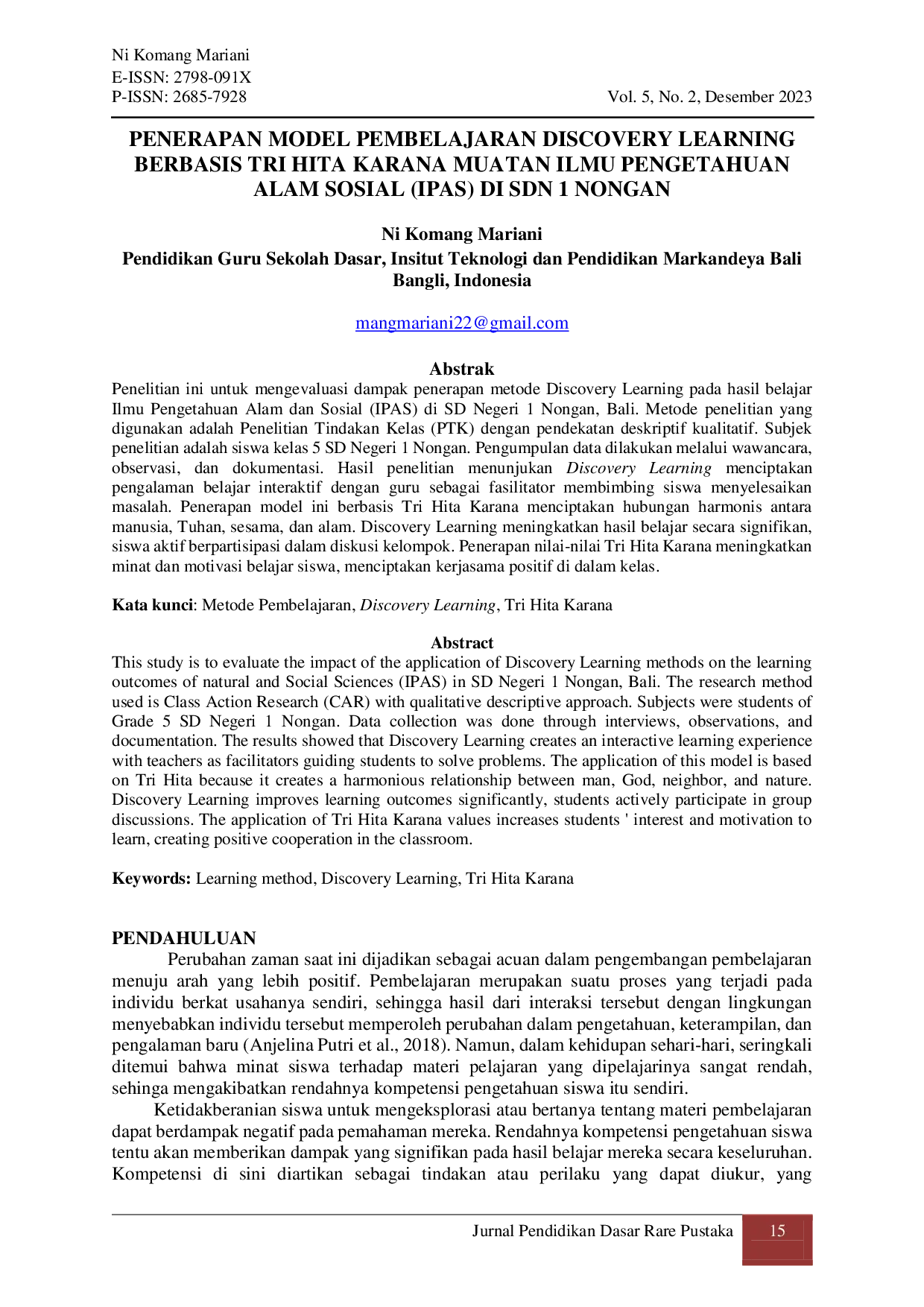 JURIS Penerapan Model Pembelajaran Discovery Learning Berbasis Tri Hita Karana Muatan Ilmu Pengetahuan Alam Sosial IPAS Di Sdn 1 Nongan