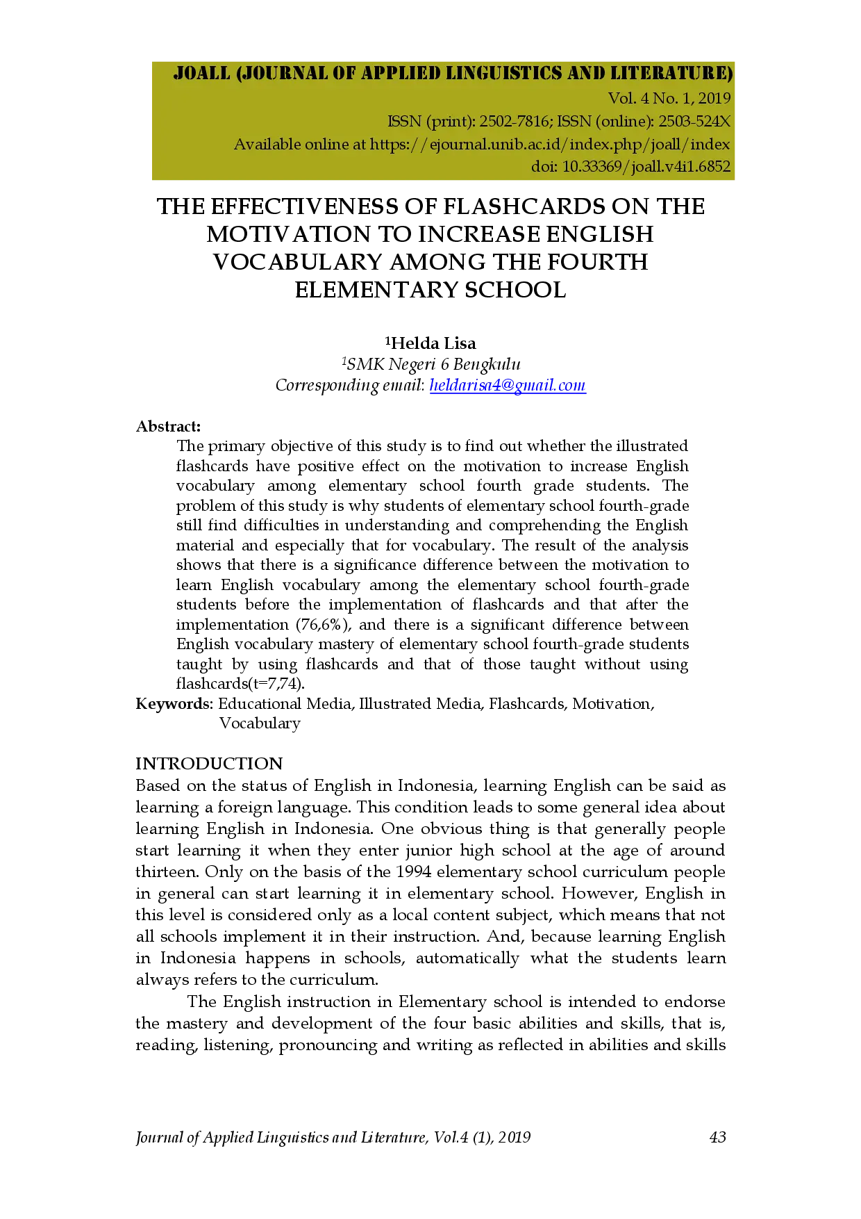 juris The Effectiveness of Flashcards on the Motivation to Increase English Vocabulary Among the Fourth Elementary School