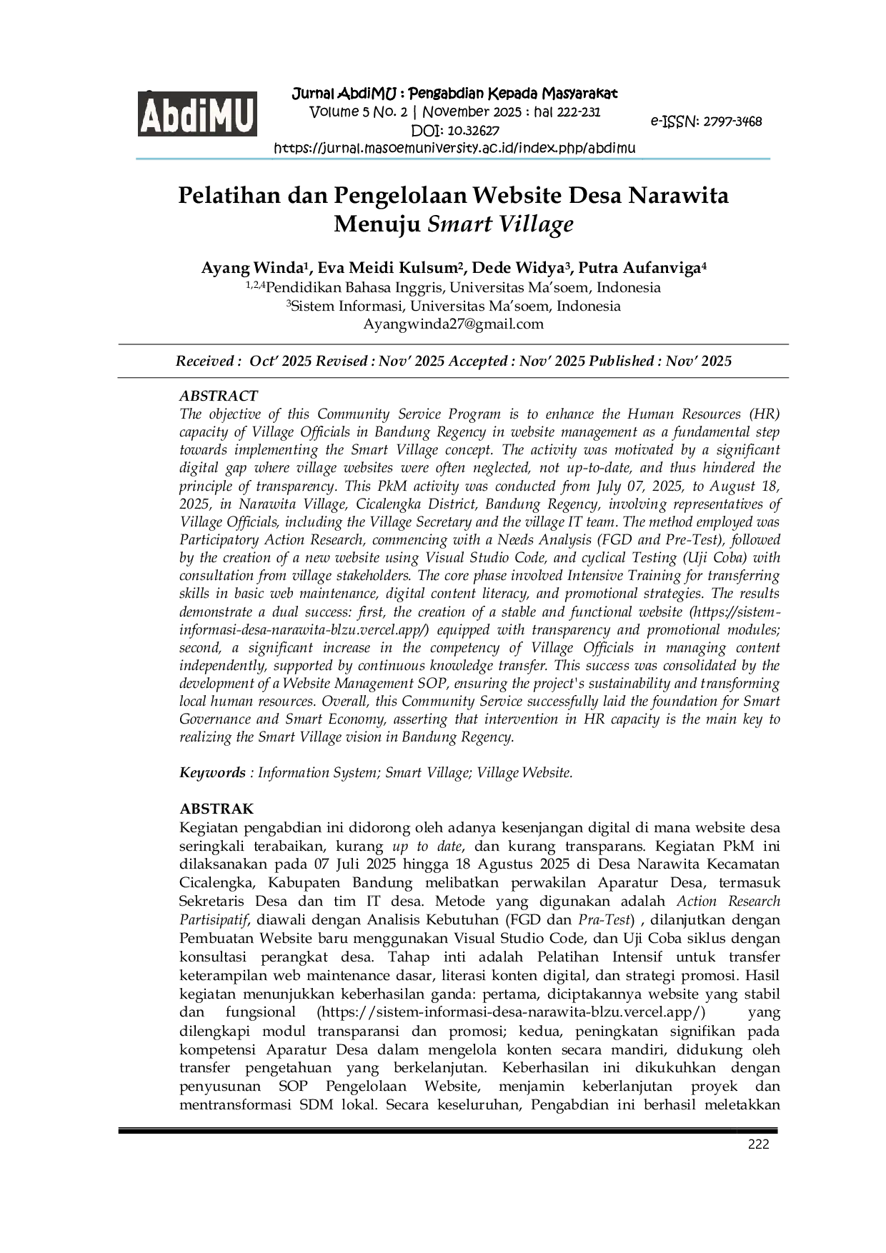 JURIS Pelatihan dan Pengelolaan Website Desa Narawita Menuju Smart Village